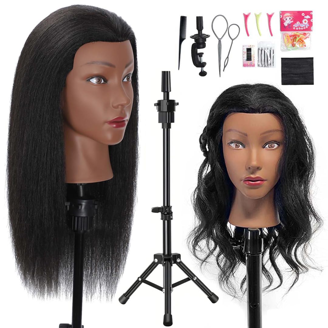 White Smoke MQHIHI Mannequin Head Human Hair with Tripod Stand, 100% Real Hair Cosmetology Manikin Doll Head for Hairdresser Practice Braiding with Tripod Set and Tools (18 Inch)