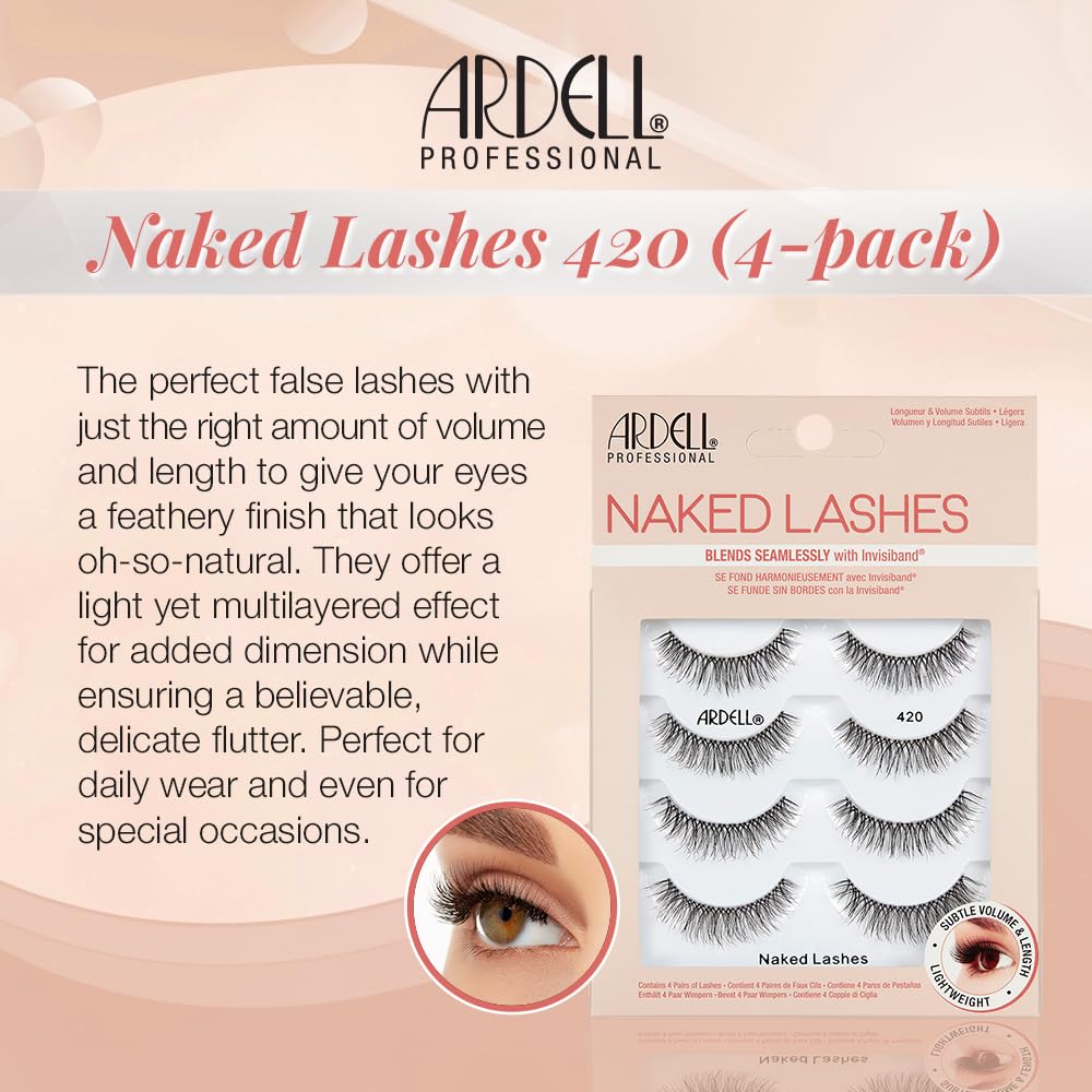 Antique White Ardell Naked Lashes 420 – Lightweight Natural Strip Lashes with Invisiband, Reusable False Eyelashes, Multipack, 4 Pair, 1 Pack