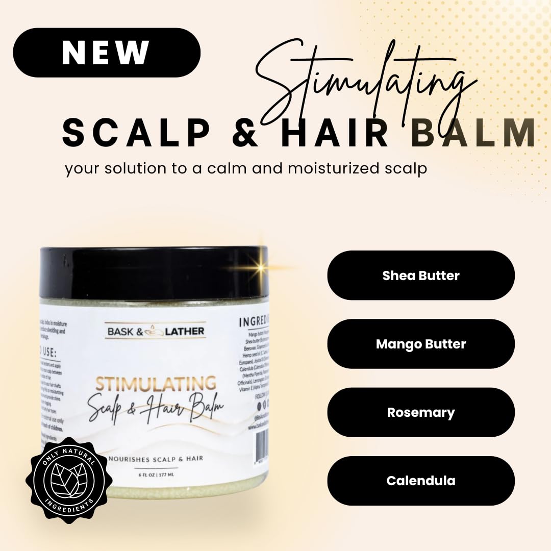 Seashell Bask & Lather Stimulating Scalp and Hair Balm for Hair Growth, Mango & Shea Butter, Nourishing Jojoba Oil, Peppermint & Rosemary Oil, Vitamin E, Scalp Care, Hair Care, Moisture, Shine & Strength, 6 oz