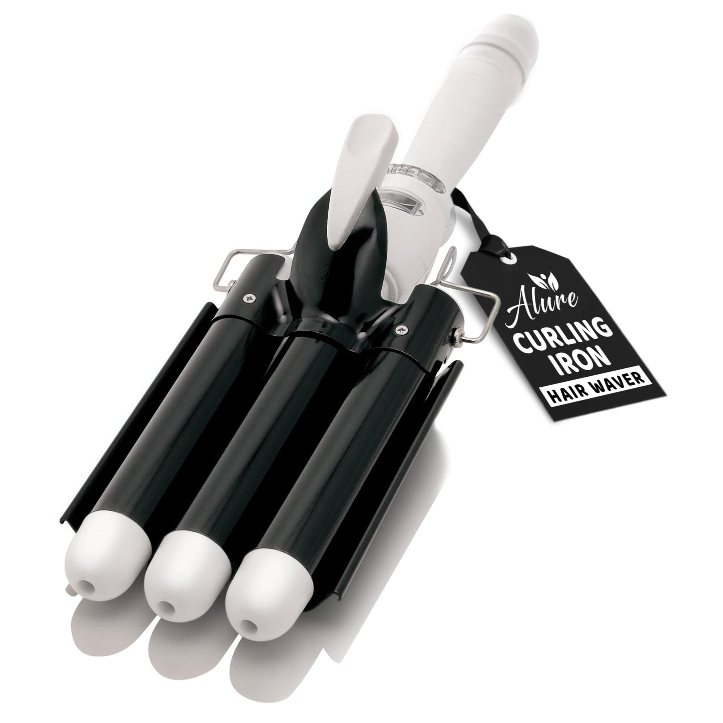 White Smoke Alure Three Barrel Curling Iron Wand Hair Waver with LCD Temperature Display - 1 Inch Ceramic Tourmaline Triple Barrels, Dual Voltage Crimp (Black/White)