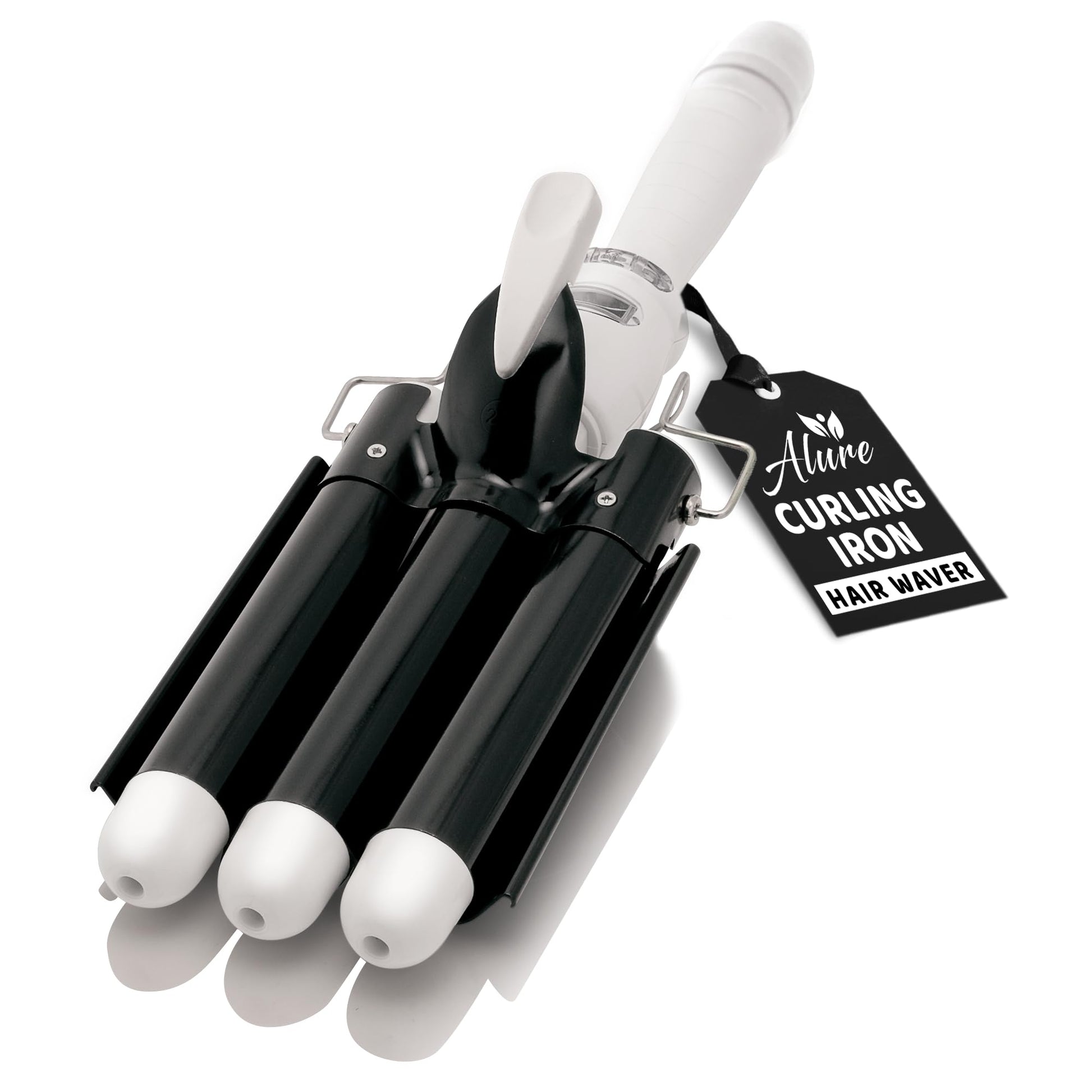 White Smoke Alure Three Barrel Curling Iron Wand Hair Waver with LCD Temperature Display - 1 Inch Ceramic Tourmaline Triple Barrels, Dual Voltage Crimp (Black/White)