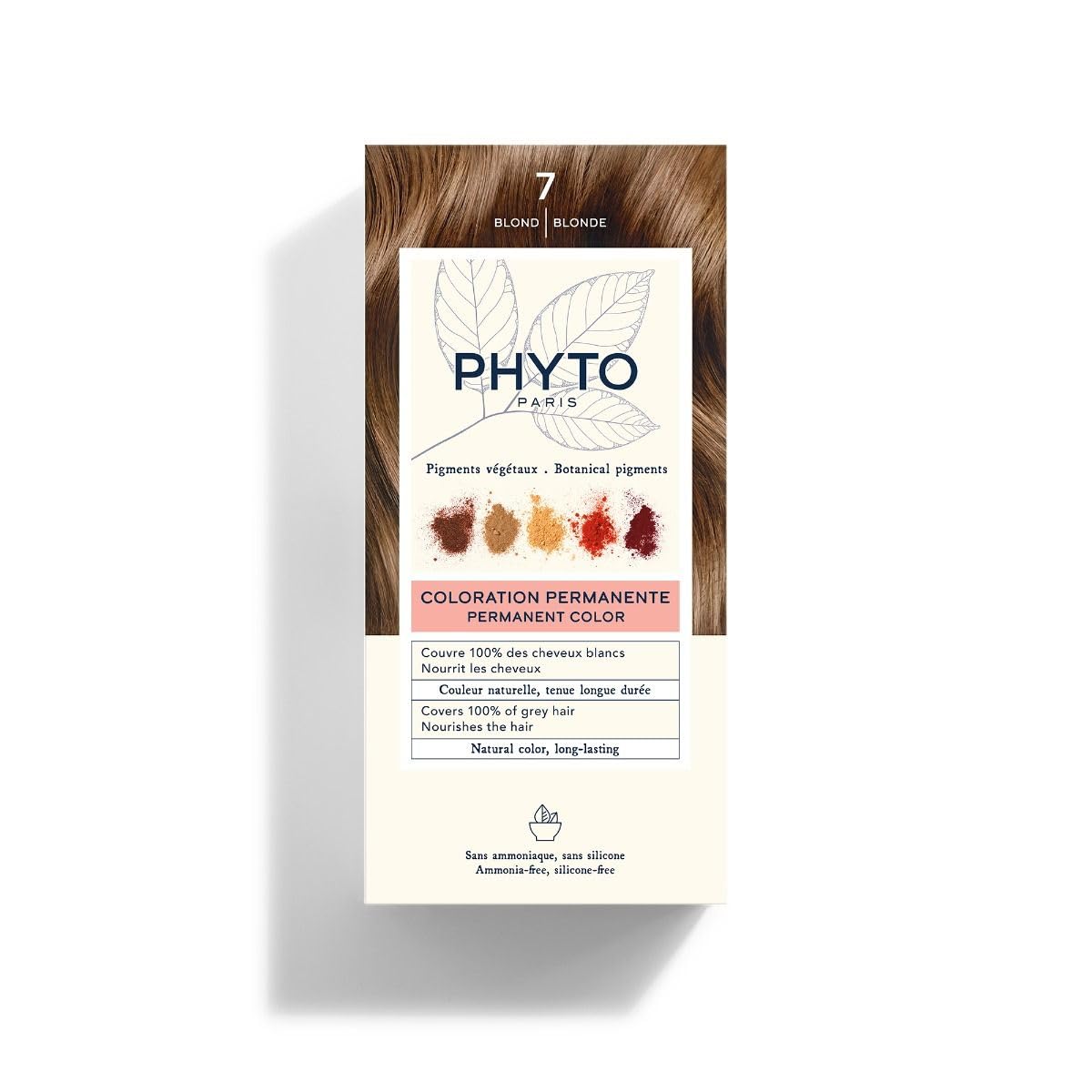 Seashell PHYTO Phytocolor Permanent Hair Color, 7 Blonde, with Botanical Pigments, 100% Grey Hair Coverage, Ammonia-free, PPD-free, Resorcin-free, 0.42 oz.
