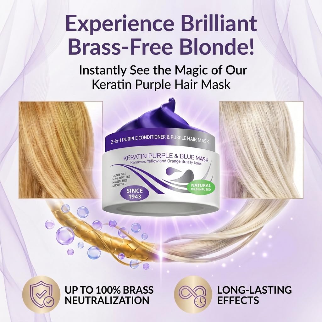 Lavender VITAMINS hair cosmetics Keratin Purple Hair Mask - Blue Hair Mask Deep Conditioner Treatment - Blonde Toner to Neutralize Brassiness in Brassy Blonde, Silver, White, Gray & Brown Locks