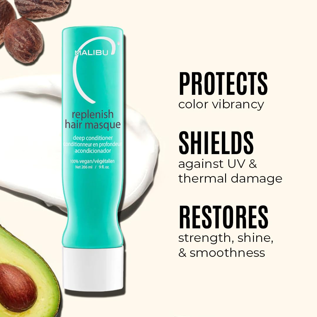 Seashell Malibu C Un-Do-Goo Shampoo & Replenish Hair Masque Duo - Clarifying Shampoo & Deep Conditioning Hair Mask to Eliminate Product Build Up - Shine Restoring, Moisturizing Hair Care (33.8 oz)