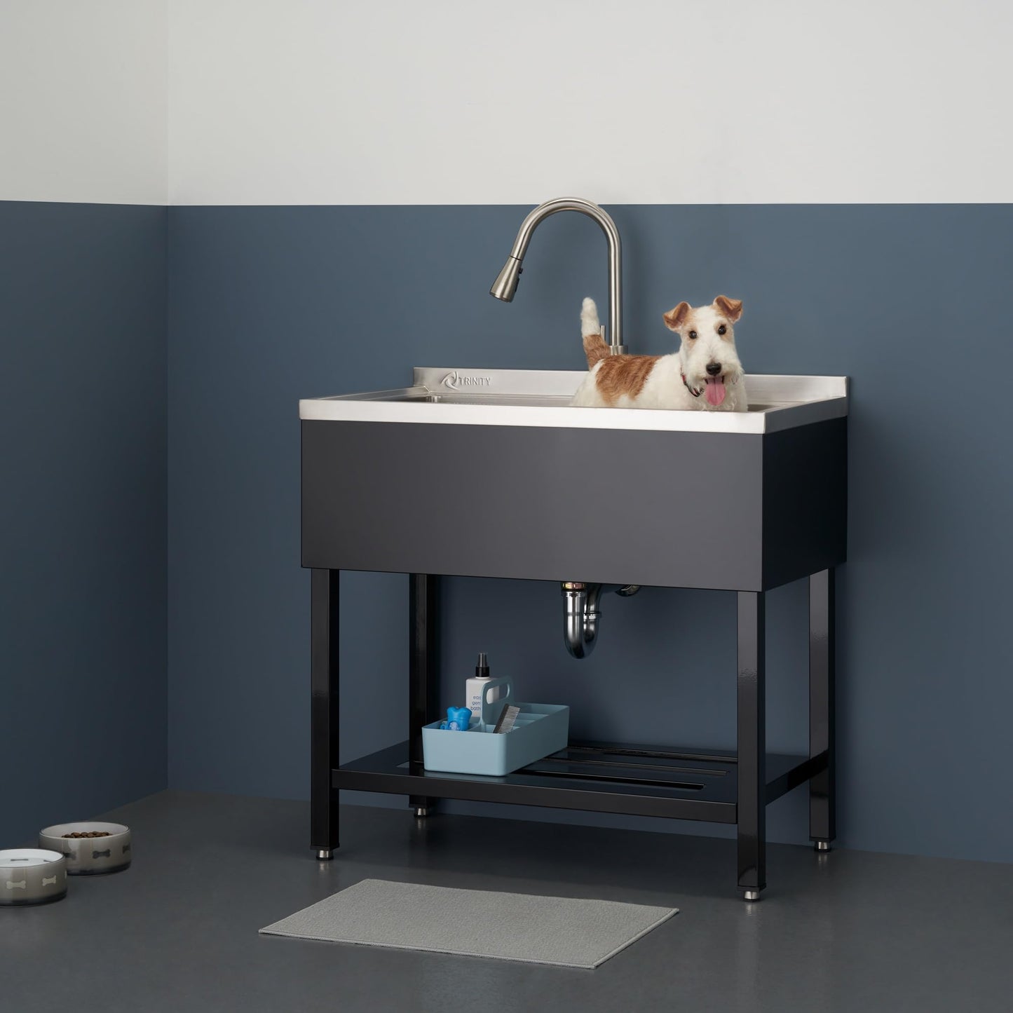 Dark Slate Gray TRINITY 36-Inch Freestanding Stainless Steel Utility Sink, NSF Commercial Sink for Laundry Room, Restaurant Kitchen Prep, Garage, Shop, Food Truck, Dog Wash, With Hot/Cold Pull-Out Faucet, Black