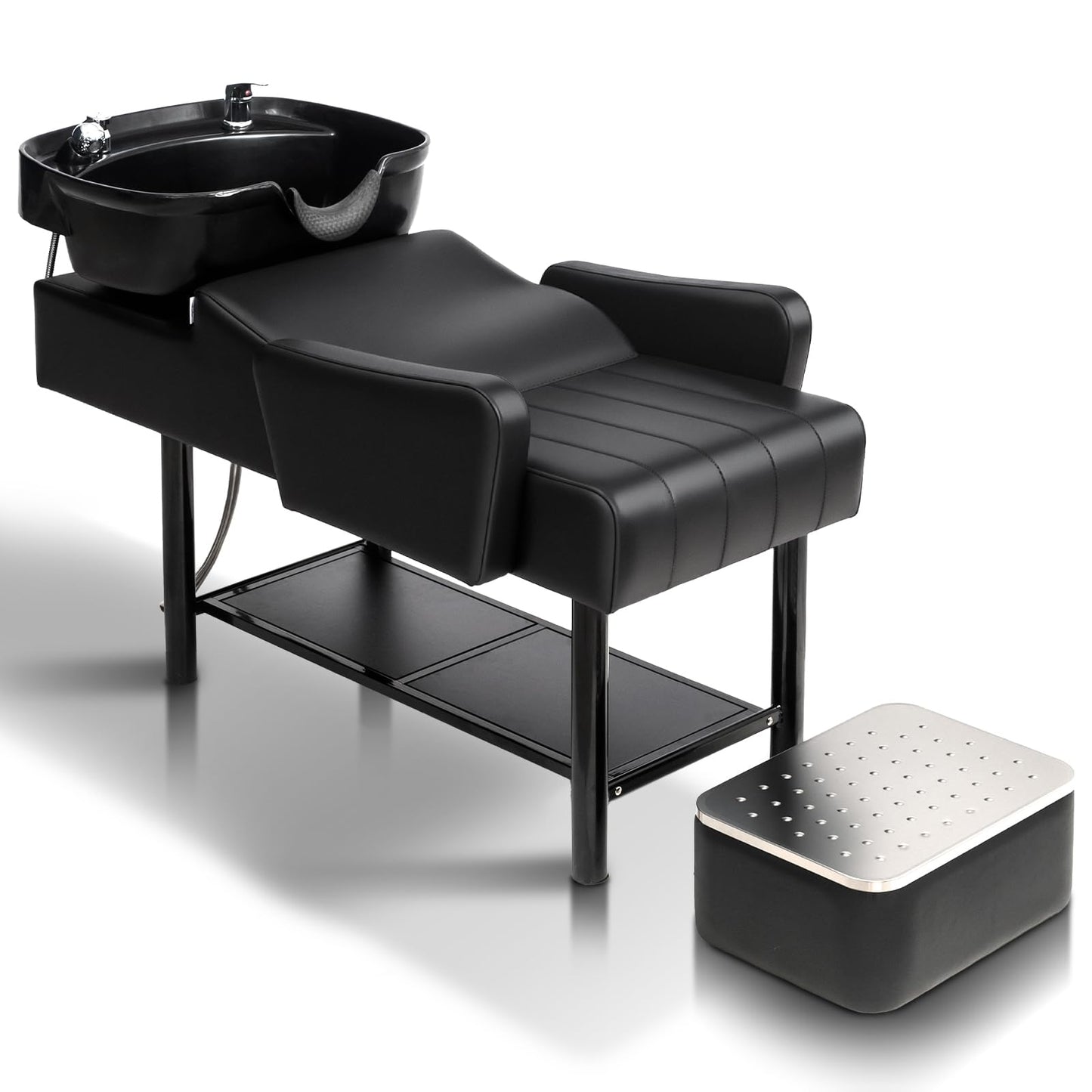 White Smoke OmySalon Backwash Unit with UPC Certified Shampoo Bowl & Storage Shelf, Hair Wash Chair Shampoo Station, Barbershop Beauty Spa Massage Hairdressing Equipment