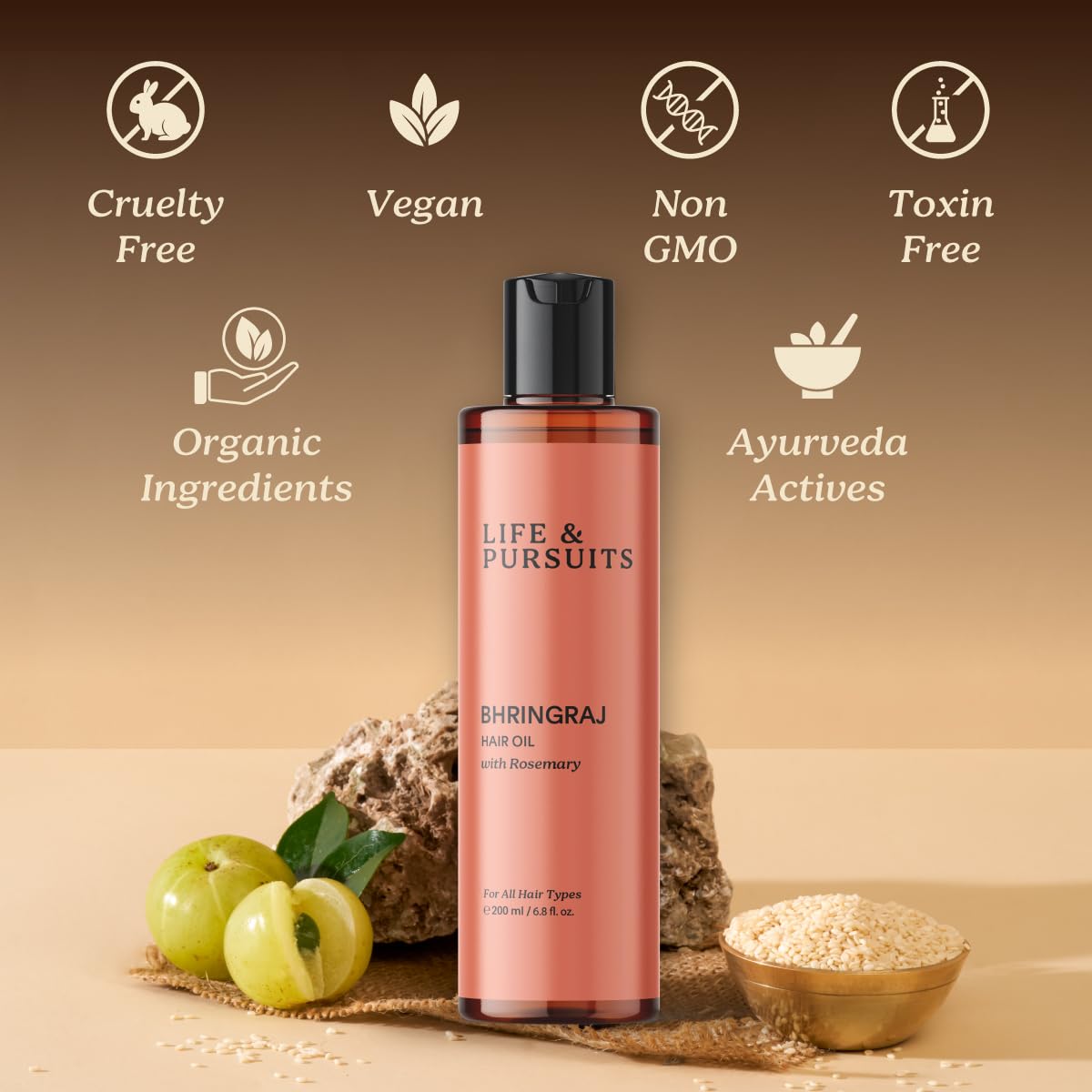 Light Goldenrod Life & Pursuits Bhringraj Hair Growth Oil 6.8 Fl Oz, Natural Ayurveda Scalp Therapy For Men & Women| Rosemary, Amla, Hibiscus, Tea Tree & Coconut| Reduces Itchiness & Dryness| Nourishes Damaged Hair