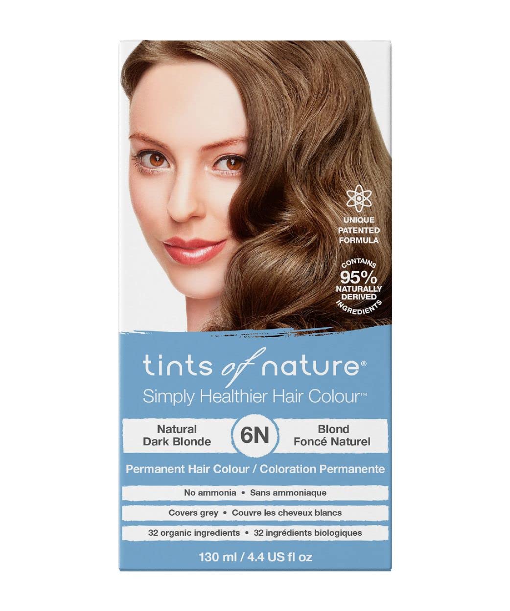 Cornflower Blue Tints of Nature 6N Natural Dark Blonde Permanent Hair Dye, Nourishes Hair and Covers Greys, Ammonia-Free, 4.4 fl oz