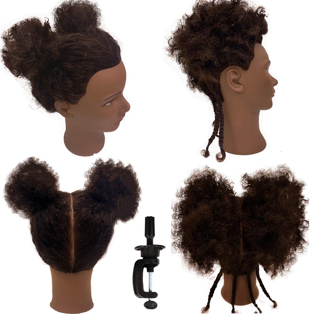 White Smoke headdoll Afro Curly Mannequin Head with 100% Human Hair Curly Hair Hairdresser Hair Styling Cosmetology Manikin Head Doll head for Hairdresser Practice Styling Dye Braiding with Clamp Stand