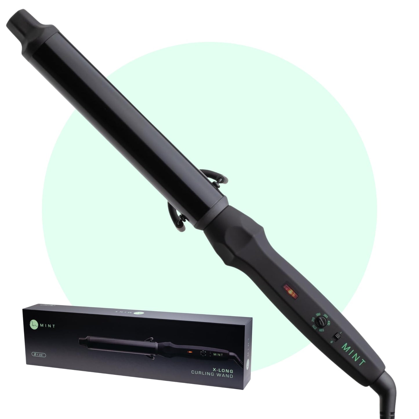 White Smoke MINT Professional Clamp-Free Curling Wand 1 1/4 Inch for Long Hair | Extra Long Curl Wand with 4-Heater Ionic Ceramic Barrel | Best Curling Wands | Adjustable 230-430°F | Worldwide Dual Voltage