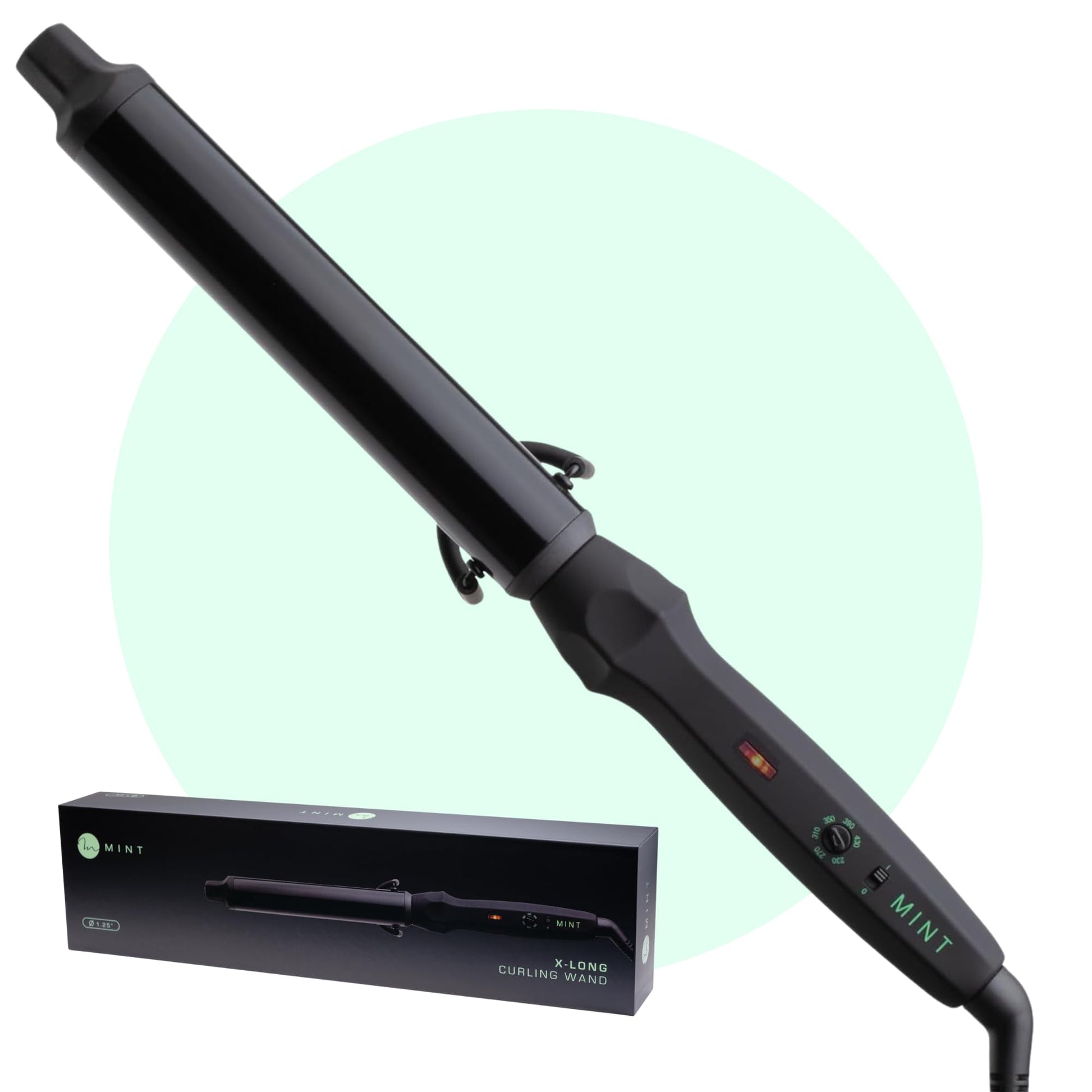 White Smoke MINT Professional Clamp-Free Curling Wand 1 1/4 Inch for Long Hair | Extra Long Curl Wand with 4-Heater Ionic Ceramic Barrel | Best Curling Wands | Adjustable 230-430°F | Worldwide Dual Voltage