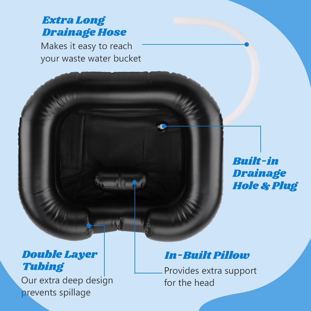 Pale Turquoise Inflatable Shampoo Basin, Portable Wash Hair in Bed with Inflatable Shampoo Bowl Include Massage Comb1*Pump 20*Ear Muffs for Bedridden Disabled Injured Elderly(Color:Black)