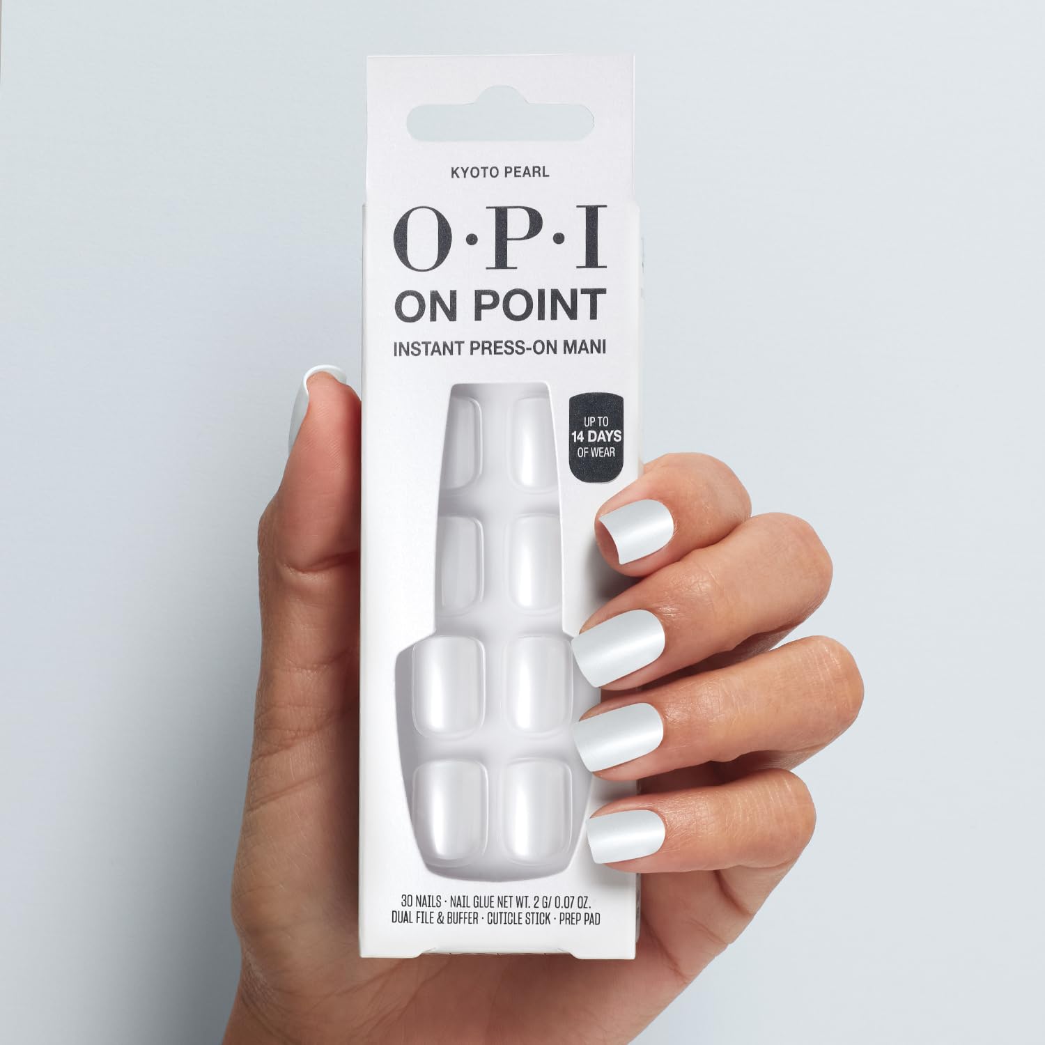 Lavender OPI On Point Kyoto Pearl | Short Squoval White Shimmer Satin Press On Nails | 30 Count with Nail Glue | Long Lasting, Reusable, Non-damaging