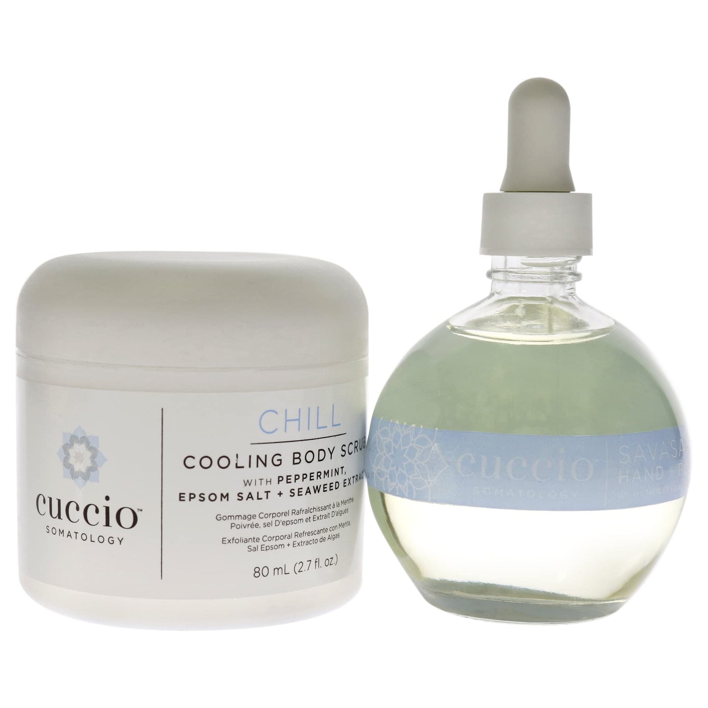White Smoke Cuccio Somatology Chill Kit - Gently Exfoliates - Soothes and Hydrates Skin - for Yourself or Loved Ones - Paraben Free - Includes Cooling Body Scrub and Hand and Body Oil - 2 pc