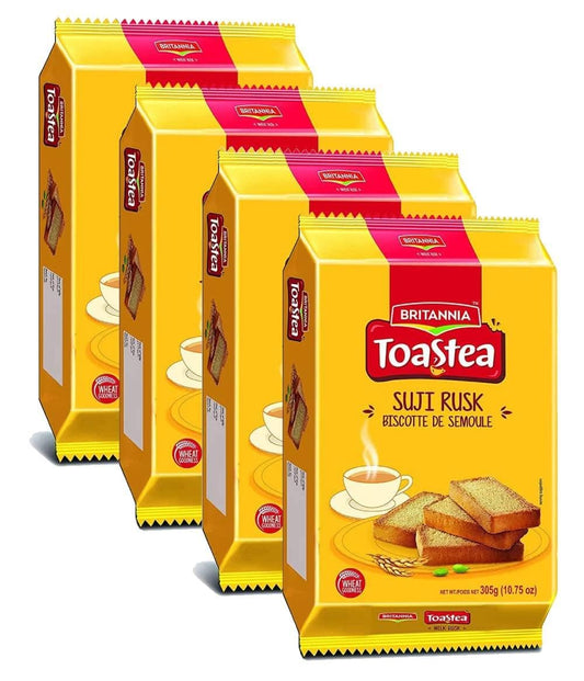White Smoke BRITANNIA Toastea Suji Rusk 10.75oz (305g) - Biscotte De Semoule - Crispy Tea Time Snack - Crispy Crunchy Toast (Pack of 4)
