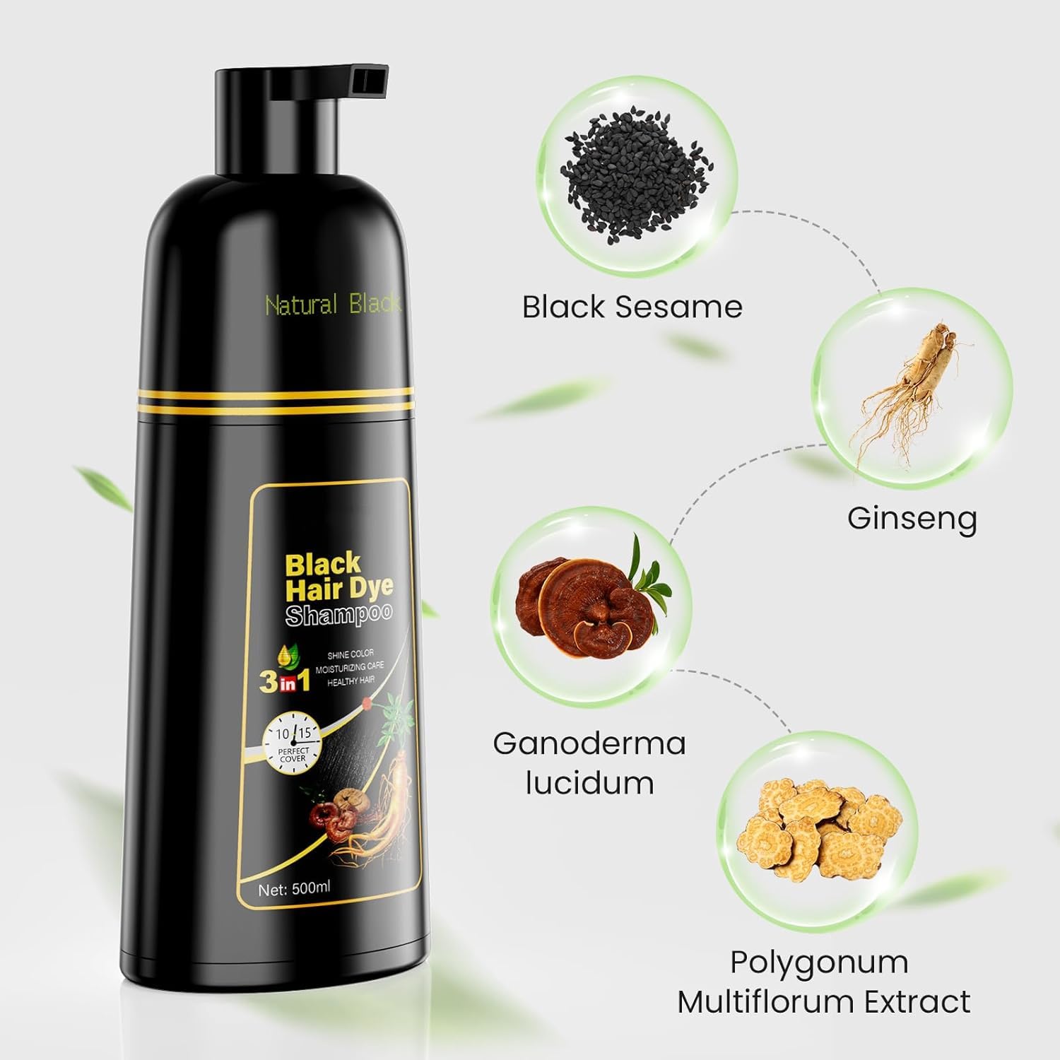 Lavender KINGMING Black Hair Dye Shampoo 3 in 1 for Gray Hair, Hair Color Shampoo for Women Men Grey Hair Coverage, Herbal Ingredients Champu Con Tinte Para Canas 500ml (Black).