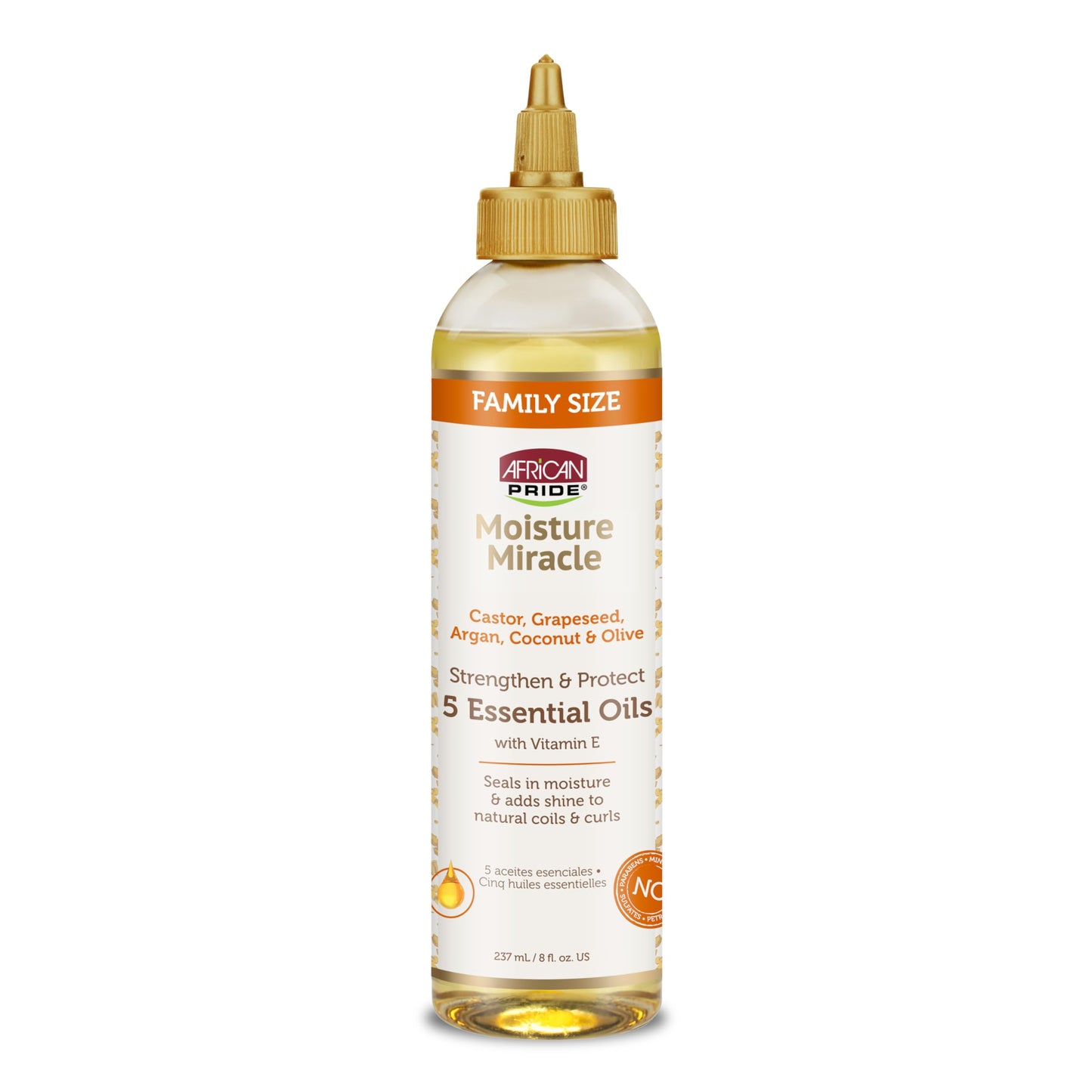 White Smoke African Pride Moisture Miracle 5 Essential Hair Oils with Vitamin E | Moisture, Shine, Protection, and Growth | Argan, Castor, Grapeseed, Coconut, and Olive Oil | 8 oz