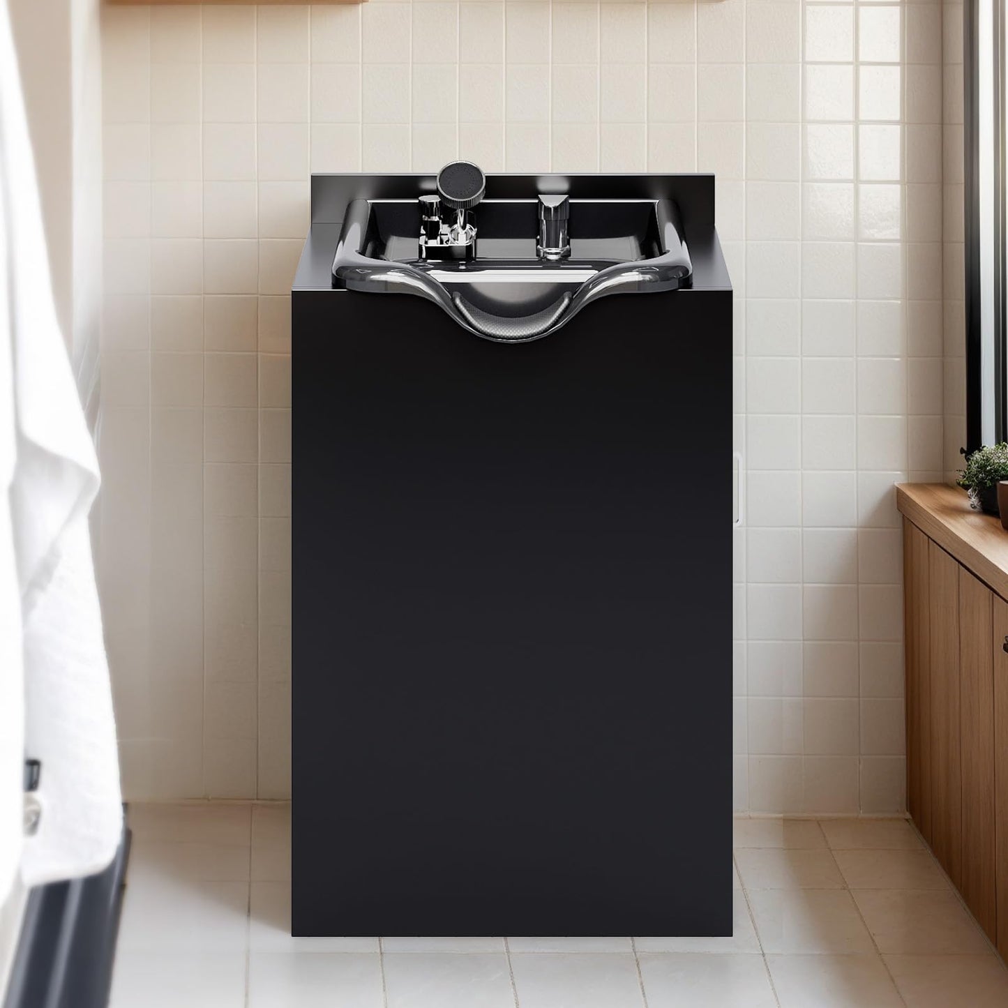 Dark Slate Gray OmySalon Shampoo Bowl with Cabinet, Salon Wet Station with Sprayer Faucet Shampoo Cabinetry, Portable Hair Wash Sink for Beauty Spa Barber
