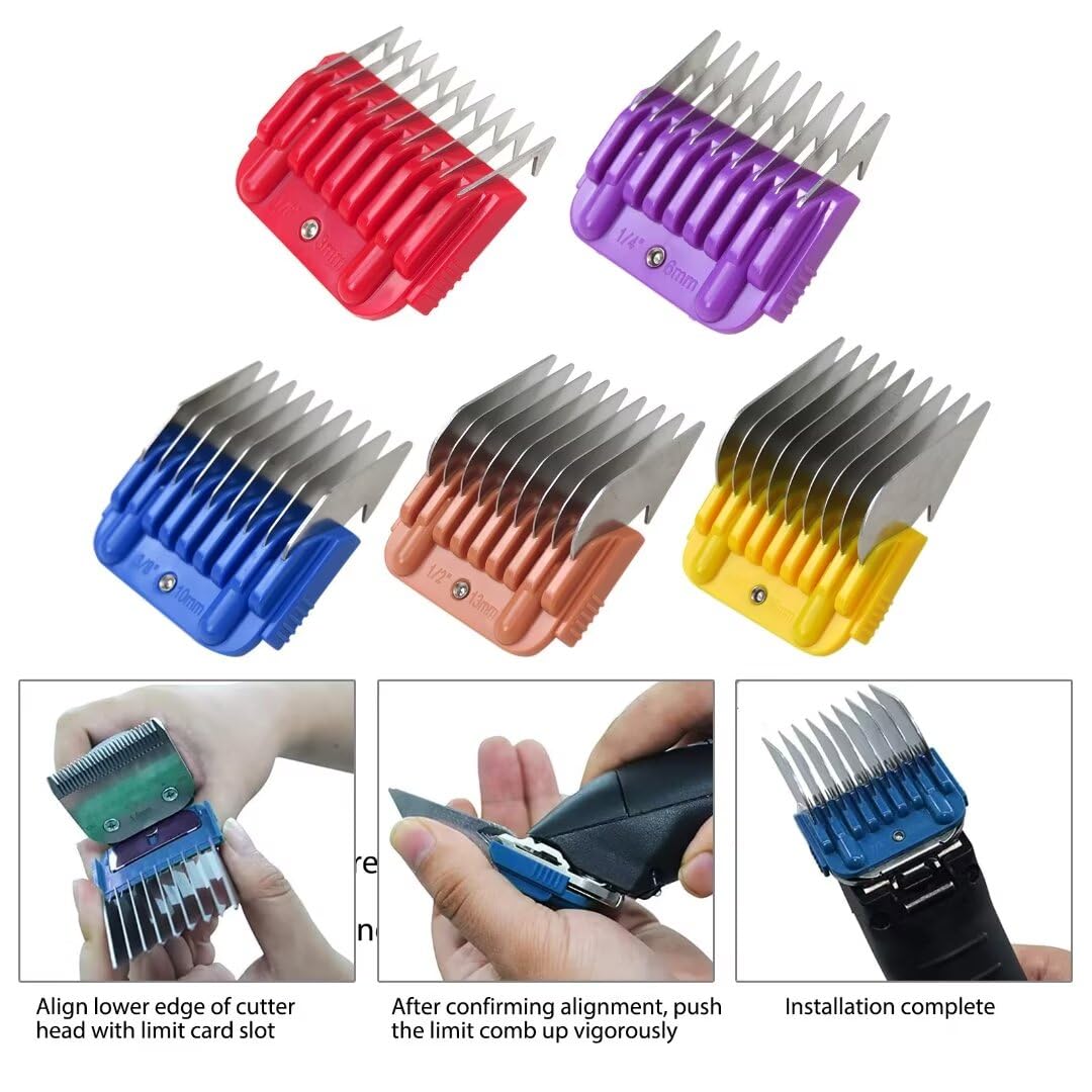 White Smoke New Professional Animal Stainless Steel 5 Color Guide Comb Set for 10#/15#/30# Detachable Blade,Compatible for Andis/Oster A5/ Wahl KM Series Guards Clipper(Cutting Length 3mm-16mm)