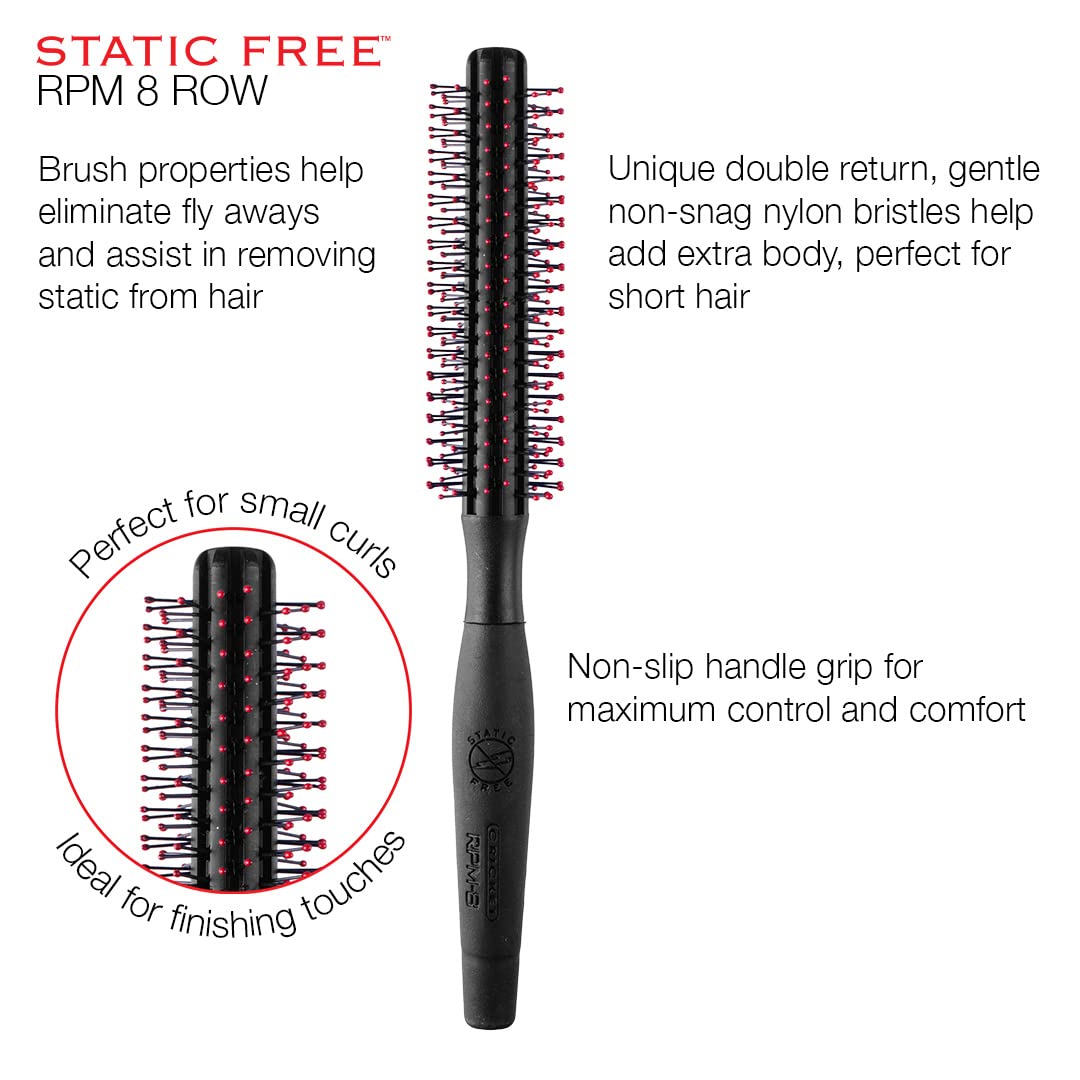 White Smoke Cricket Static Free RPM 8 Row Round Hair Brush - Curling, Blow Drying, Detangling and Styling Wet or Dry, Suitable for All Hair Types