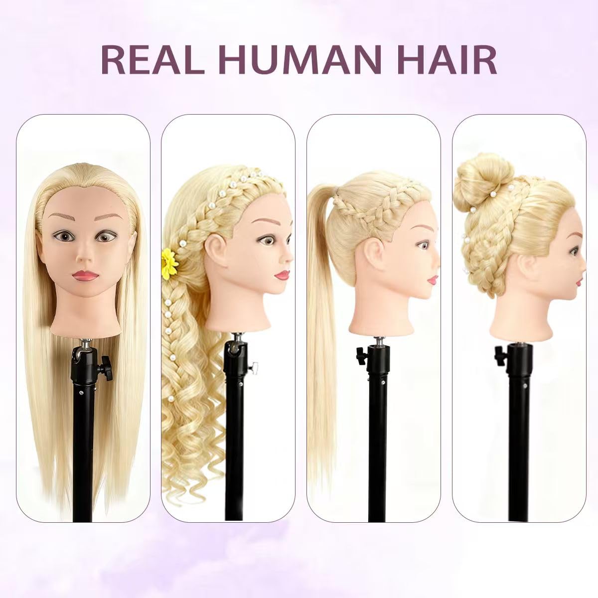 White Smoke Mannequin Head with 80% Human Hair for Hair Styling Practice 26-28 Inch Straight Hair Training Head for Cosmetology Barber Hairdresser Students and Professionals (613)