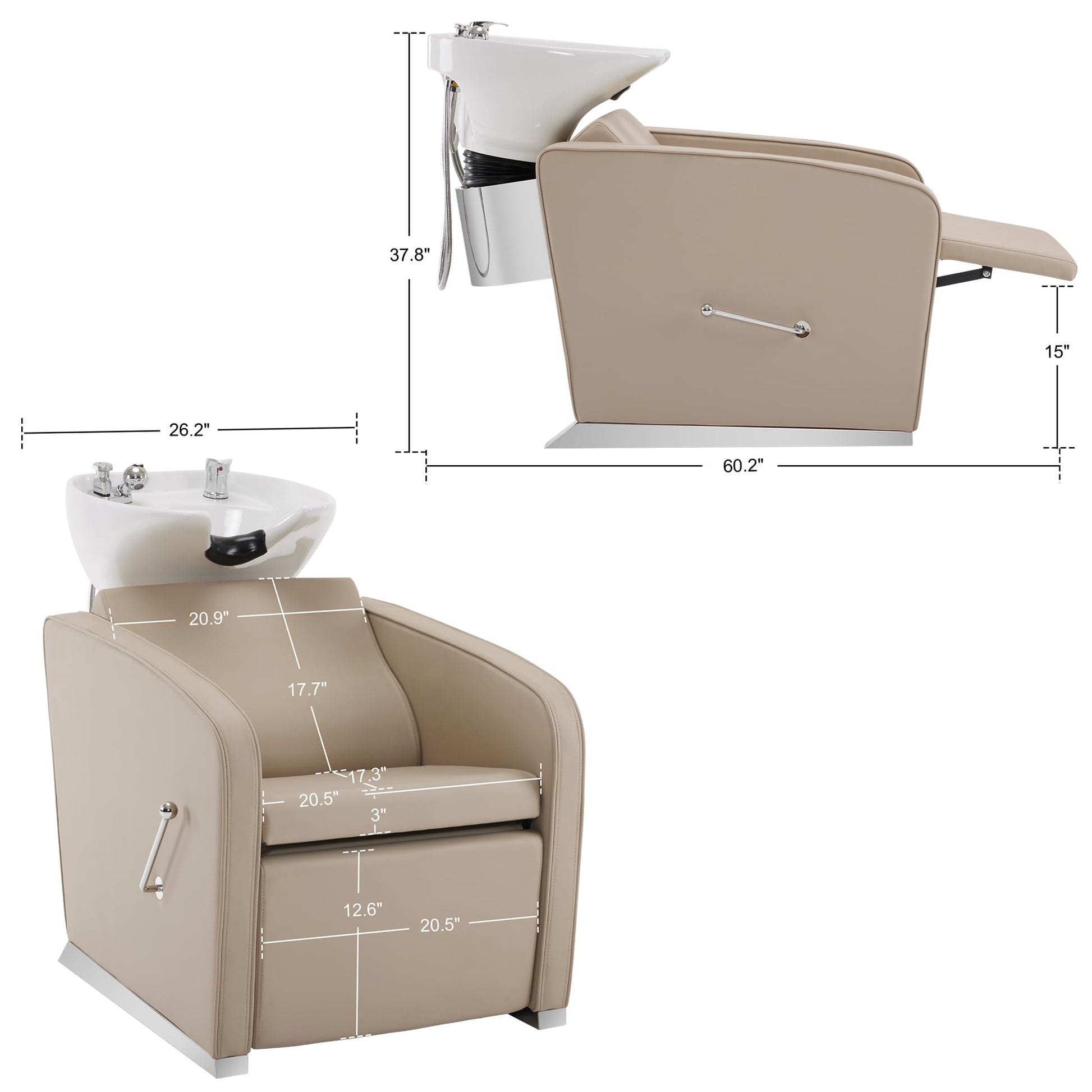 White Smoke BarberPub Backwash Shampoo Station Chair, Adjustable Porcelain Ceramic Hair Wash Bowl Sink Unit Station, Reclining Shampoo Station Chair for Spa Beauty Salon Hair Salon Equipment 9303 (Beige)