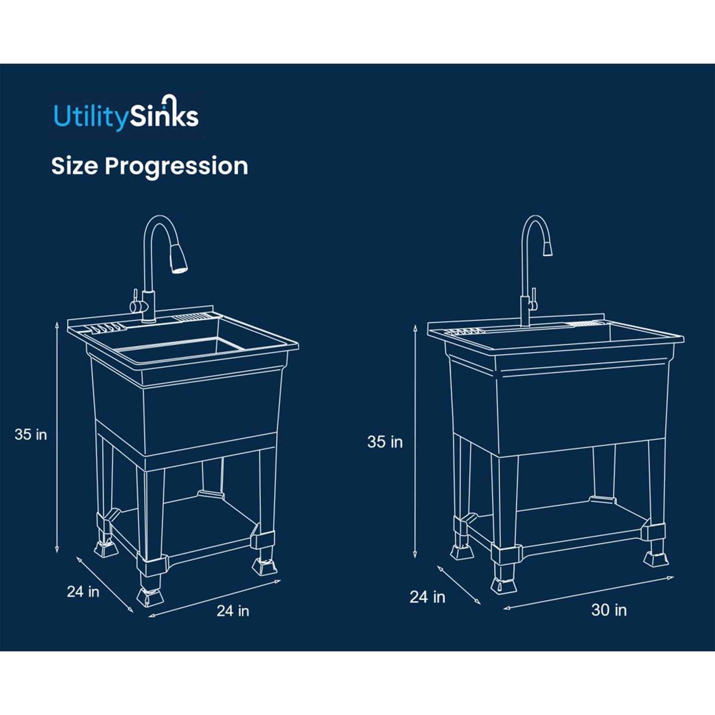 Midnight Blue UTILITYSINKS Freestanding Utility Tub Sink with Quick Connect Drain, 24 x 24", Black - Portable and Compact Sink with Faucet for Outdoor Kitchen, Laundry Room, Garage, and Basement