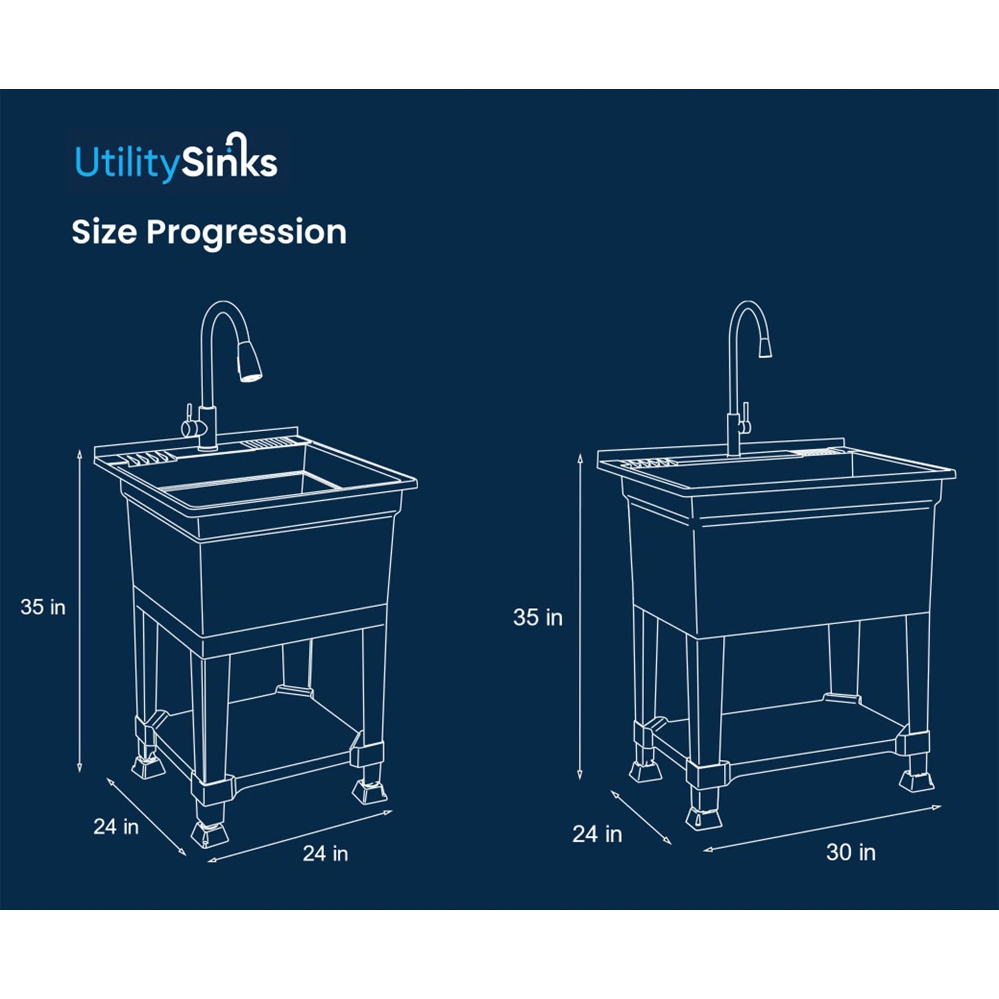 Midnight Blue UTILITYSINKS Freestanding Utility Tub Sink with Quick Connect Drain, 24 x 24", Black - Portable and Compact Sink with Faucet for Outdoor Kitchen, Laundry Room, Garage, and Basement