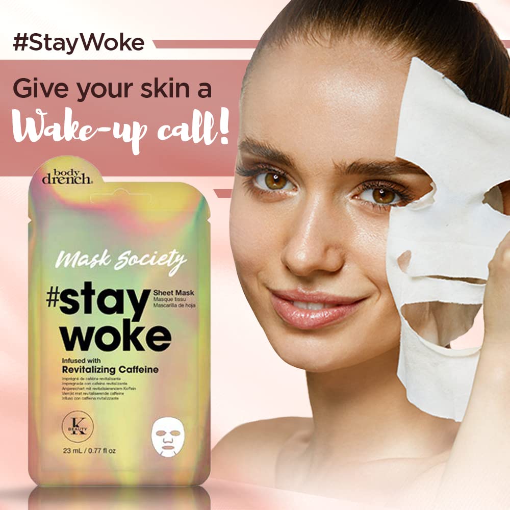 Misty Rose Body Drench Mask Society Stay Woke Face Sheet Mask with Revitalizing Caffeine x 4 packs
