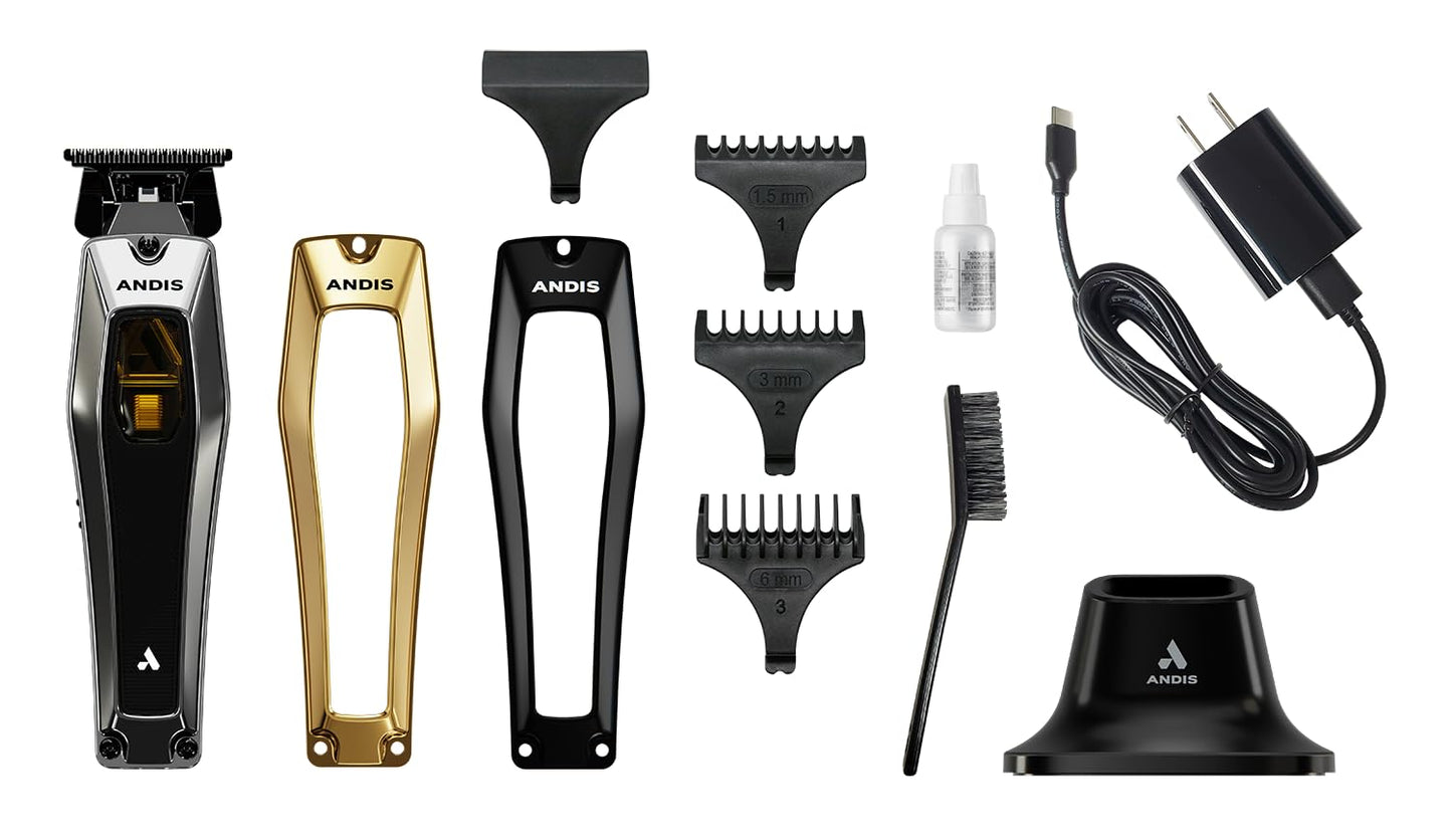 White Smoke Andis 562703 Recon Professional Barber Vector Motor Beard & Hair Cordless Trimmer, DLC T-Blade, USB-C Charging with Premium Charge Stand, Black