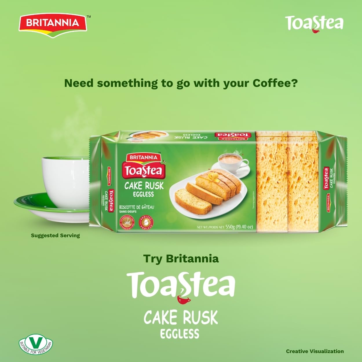 Light Green Britannia Toastea Eggless Rusk Cake | Pack- 550gm(19.40 oz)| Each Smooth & Soft Twice-Baked Cake Delicious Snack for Breakfast & Tea Time