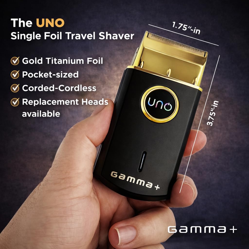 Black GAMMA+ Uno Mini-Sized Travel Cordless Mens Single Foil Shaver, Micro-USB Rechargeable for Shorter Facial Stubble