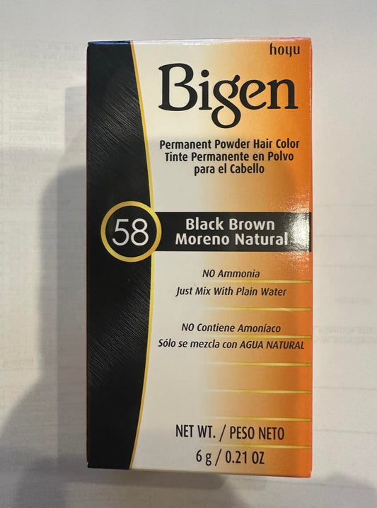 Gray Bigen Permanent Powder Hair Color, #58 Black Brown - Color Powder 0.21 oz (6 g), Measuring Cup 1 pc. per box (Solstice)