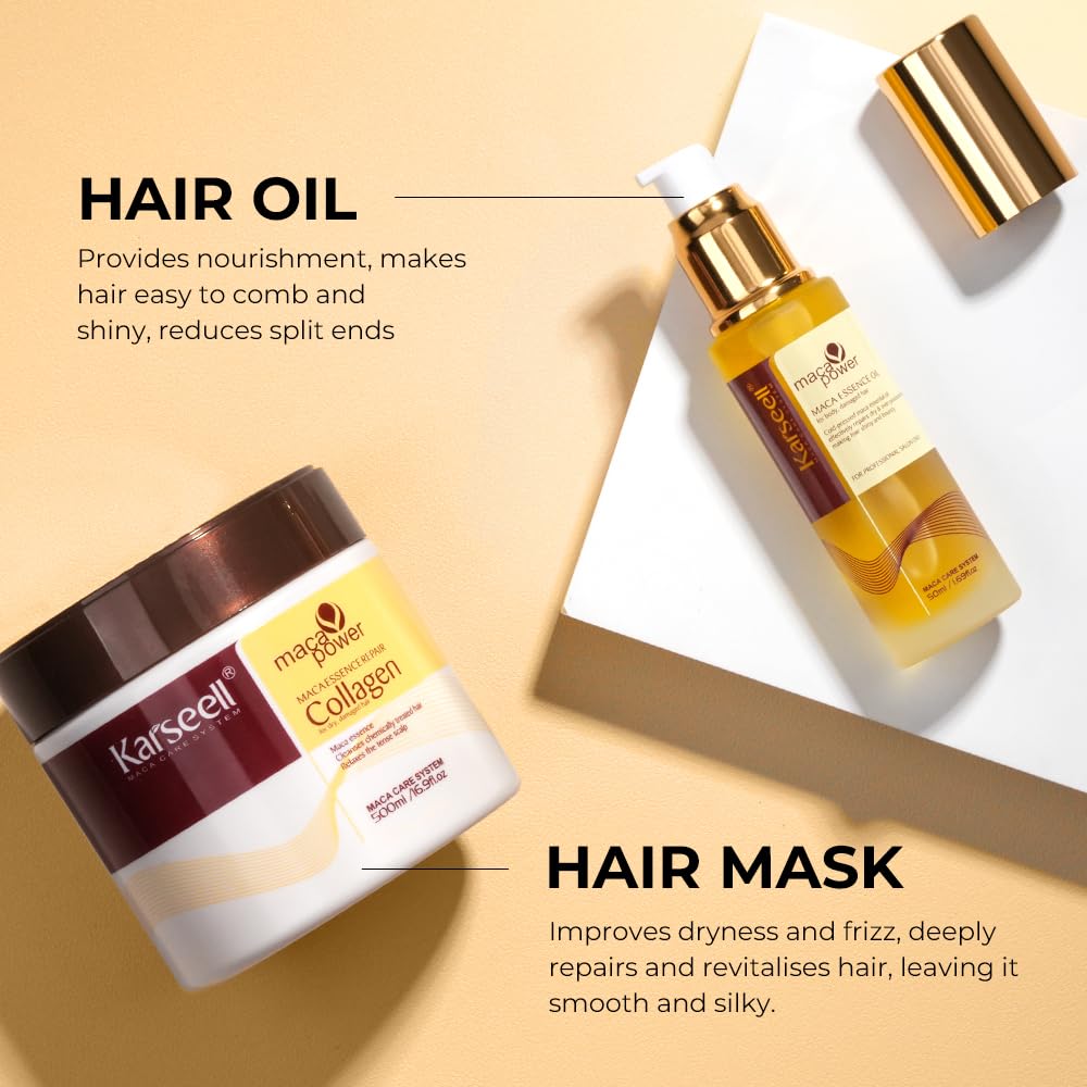 Navajo White Karseell Collagen Hair Mask & Argan Oil Set, Deep Conditioning Hair Treatment for Dry Damaged Hair, Repair & Moisturize All Hair Types, 16.9 fl oz + 1.69 fl oz