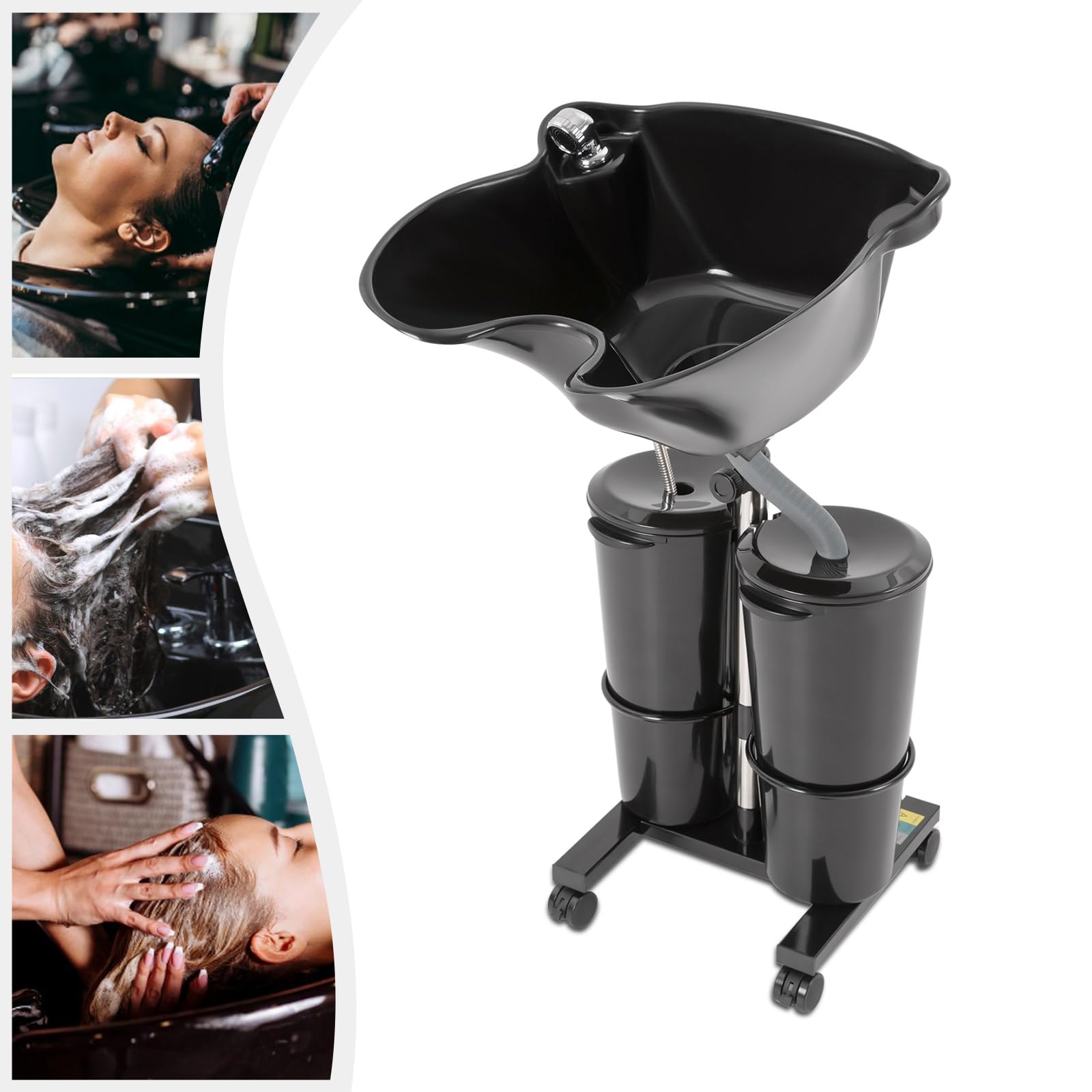 White Smoke Portable Shampoo Bowl with 2 Buckets, 3.4-4.6FT Adjustable Height Double Bucket, Rolling Portable Shampoo Sink with Wheels for Barbershop Salon Home Spa Barber Shop Beauty Salon Elderly