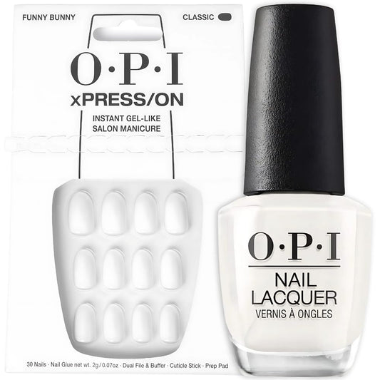 White Smoke OPI Nail Lacquer & xPRESS/ON Press on Nails, Funny Bunny Bundle | Soft White Short Round Press-On Nails with Matching Nail Lacquer Polish Shade
