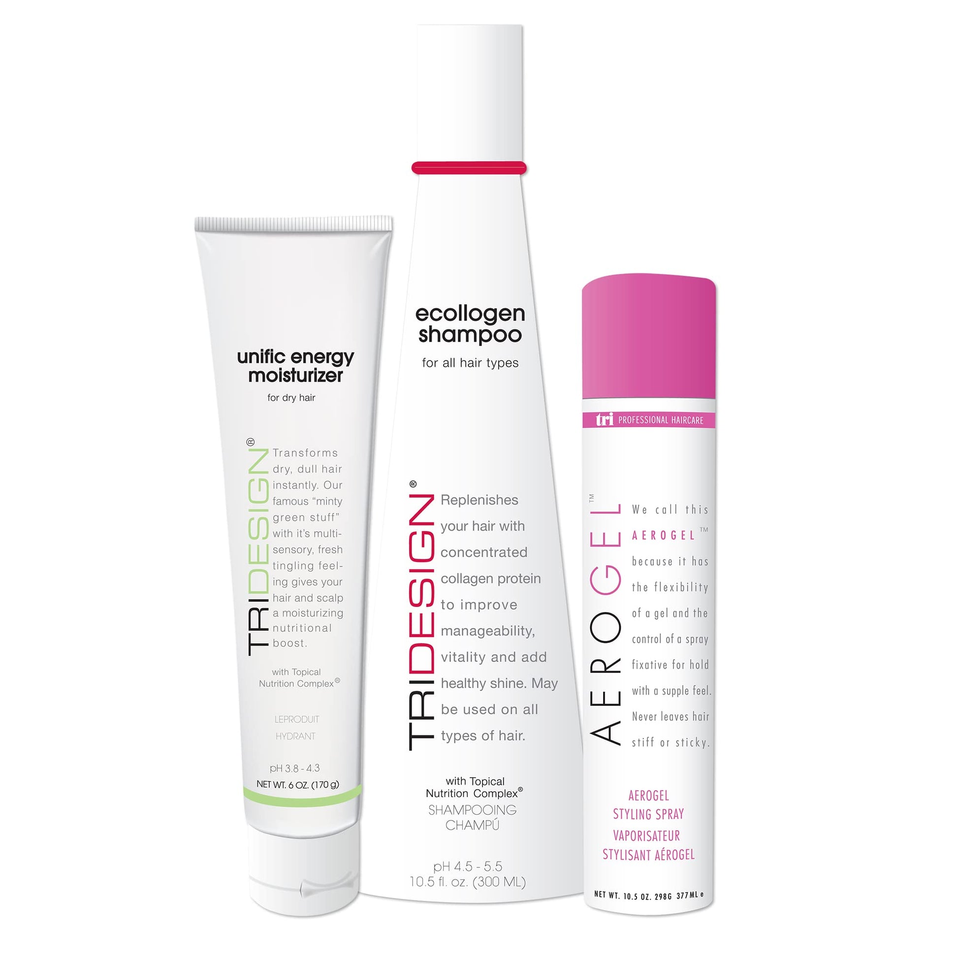 White Smoke TRI Design Shampoo, Conditioner and Hair Finishing Spray Set - Includes Aerogel Spray Gel 10.5 oz., Ecollogen Collagen Shampoo 10.5 oz. and Unific Energy Moisturizer 6 oz., for All Hair Types