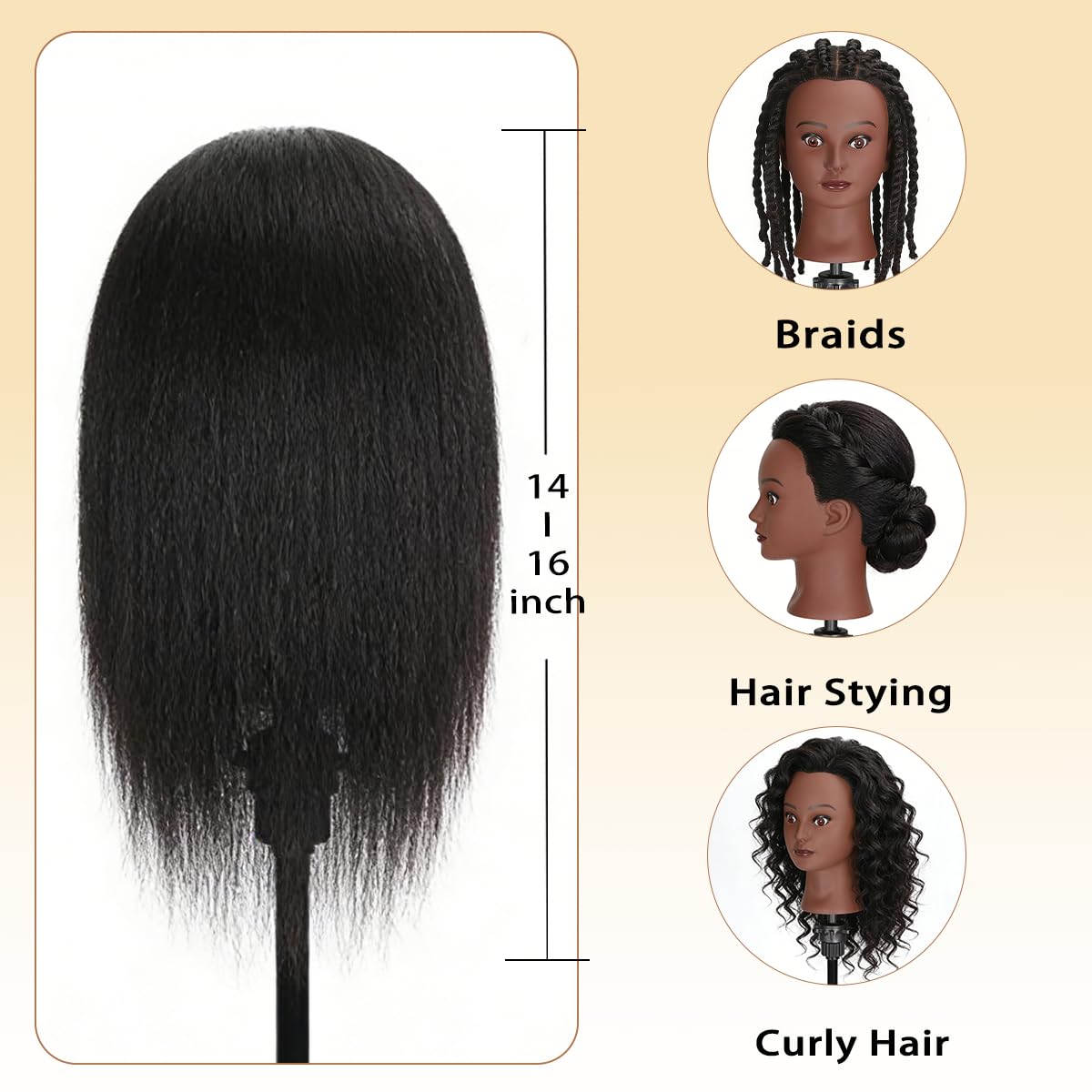 White Smoke Mannequin Head with 100% Real Human Hair, Cosmetology Training Head for Hair Styling Braiding Cutting Curling, Professional Hairdresser Practice Manikin Head with Free Clamp (A01-Black-16)