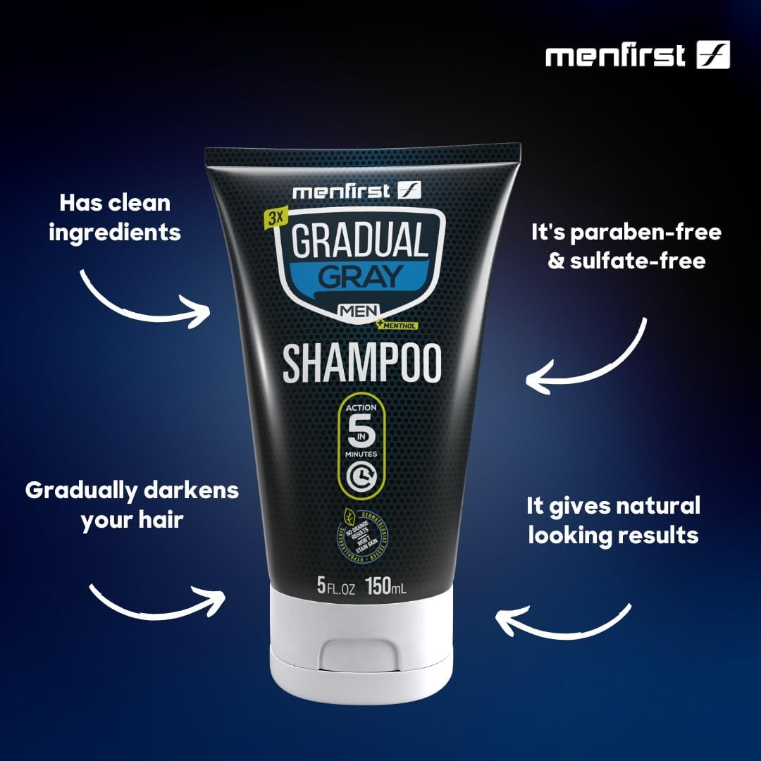 Black MENFIRST Gray Reducing Shampoo for Men – Hair Darkening Shampoo, Anti Grey Hair Color Restoring Treatment, Harsh Chemical-Free - For Dark Brown to Black Shades – 5 oz