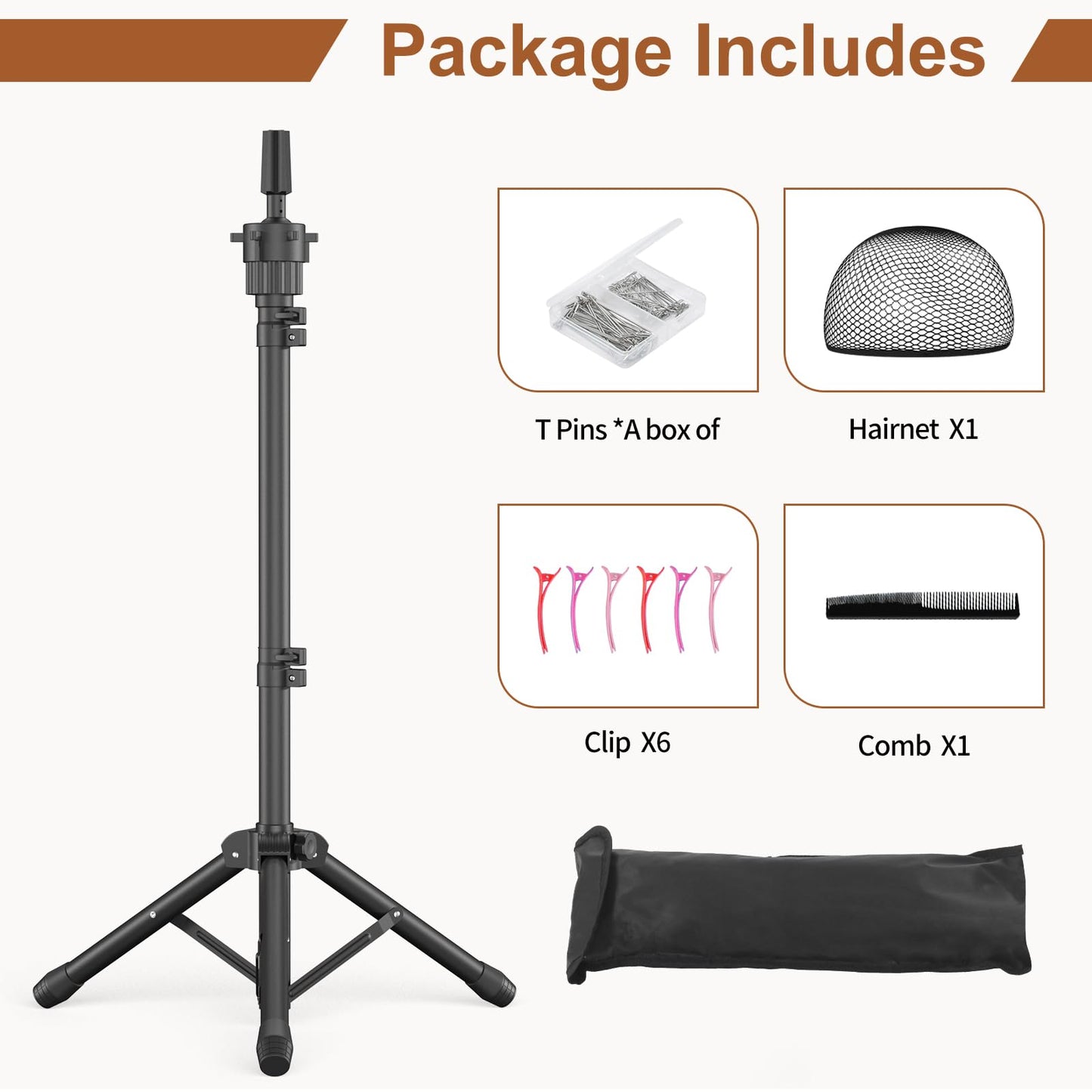 White Smoke Womnwomn Wig Stand Tripod, 50 Inch Adjustable Mannequin Head Stand, Wig Head Stand for Cosmetology, Hairdressing Training - Includes T-Pins, Comb, Hair Clips & Carrying Bag (Head Not Included)