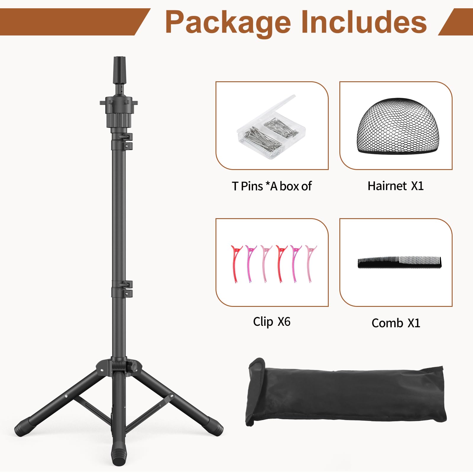 White Smoke Womnwomn Wig Stand Tripod, 50 Inch Adjustable Mannequin Head Stand, Wig Head Stand for Cosmetology, Hairdressing Training - Includes T-Pins, Comb, Hair Clips & Carrying Bag (Head Not Included)