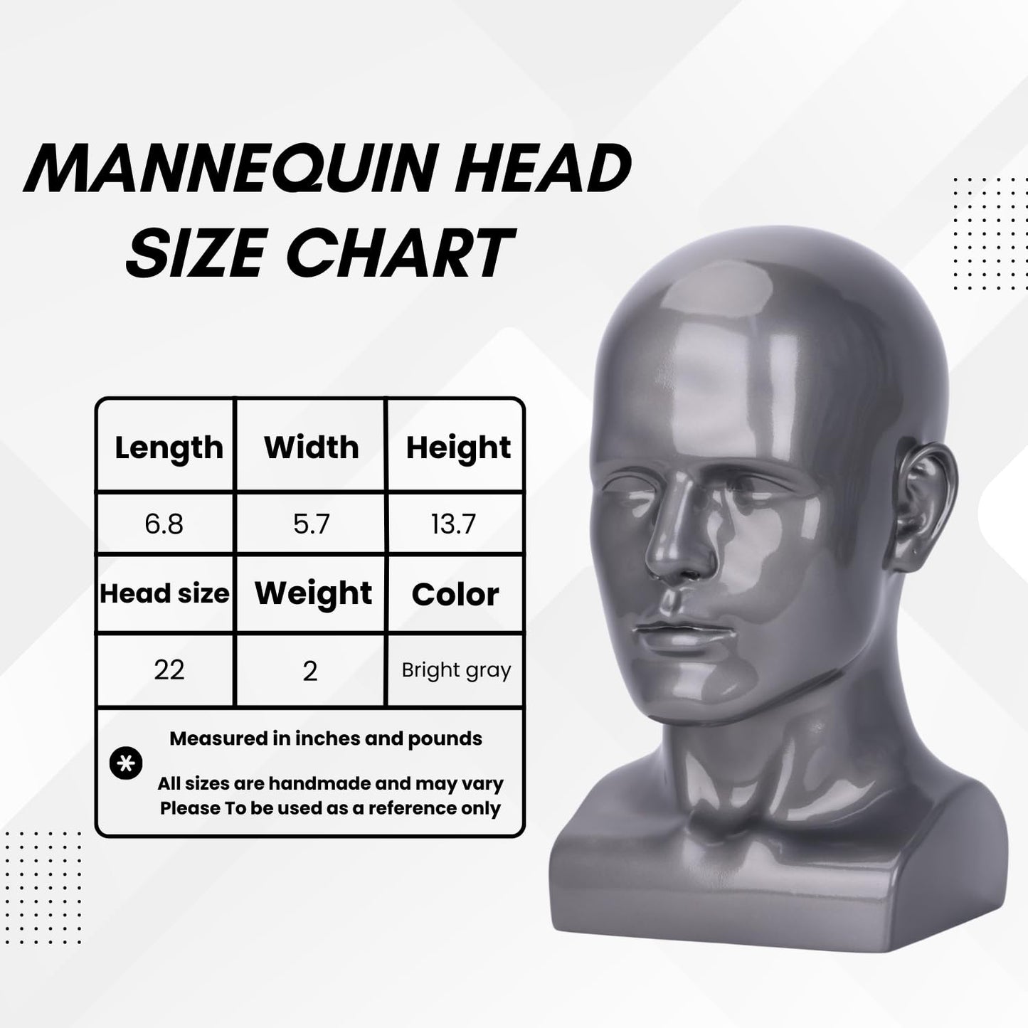 White Smoke lightmay Male Mannequin Head – 13.7” Silver Gray Wig Stand for Hats, Wigs, Headphone, Glasses – Great for Styling, Display & Storage (Bright Gray, 13.7)