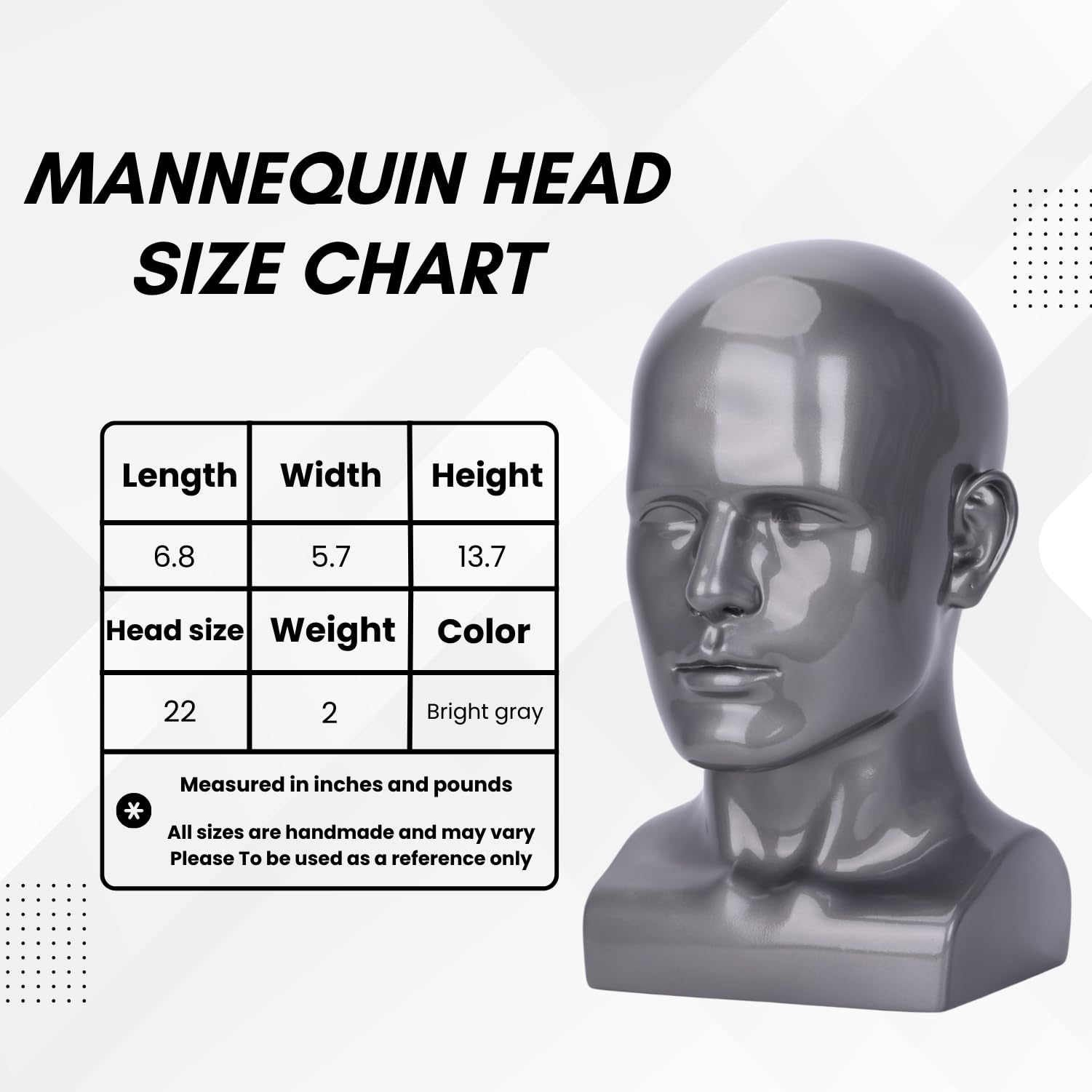 White Smoke lightmay Male Mannequin Head – 13.7” Silver Gray Wig Stand for Hats, Wigs, Headphone, Glasses – Great for Styling, Display & Storage (Bright Gray, 13.7)