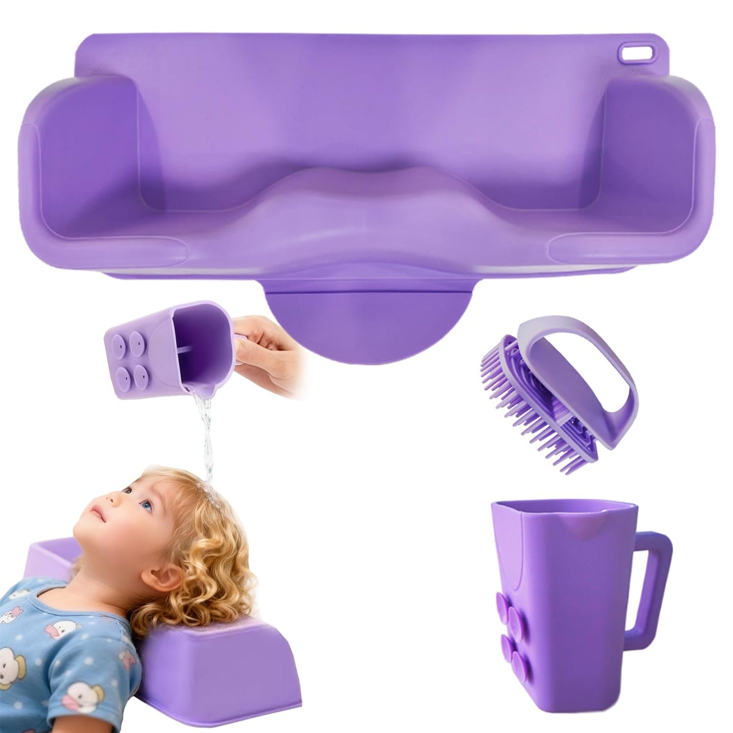 White Smoke Silicone Portable Hair Washing Station for Kids,Toddlers and Elderly,Shampoo Basin/Bathtub Shampoo Basins, Attached Shampoo Brush and Bath Rinse Cup,Neck Support Shampoo Bowl for Sink at Home (Purple)