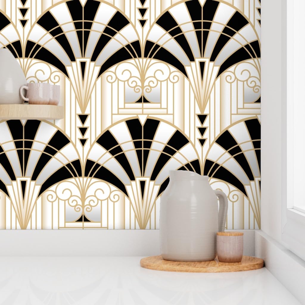 Light Gray Spoonflower Peel & Stick Wallpaper 3ft x 2ft - Art Deco Alcove Black White Gold Fan Architecture 1920s Custom Removable Wallpaper