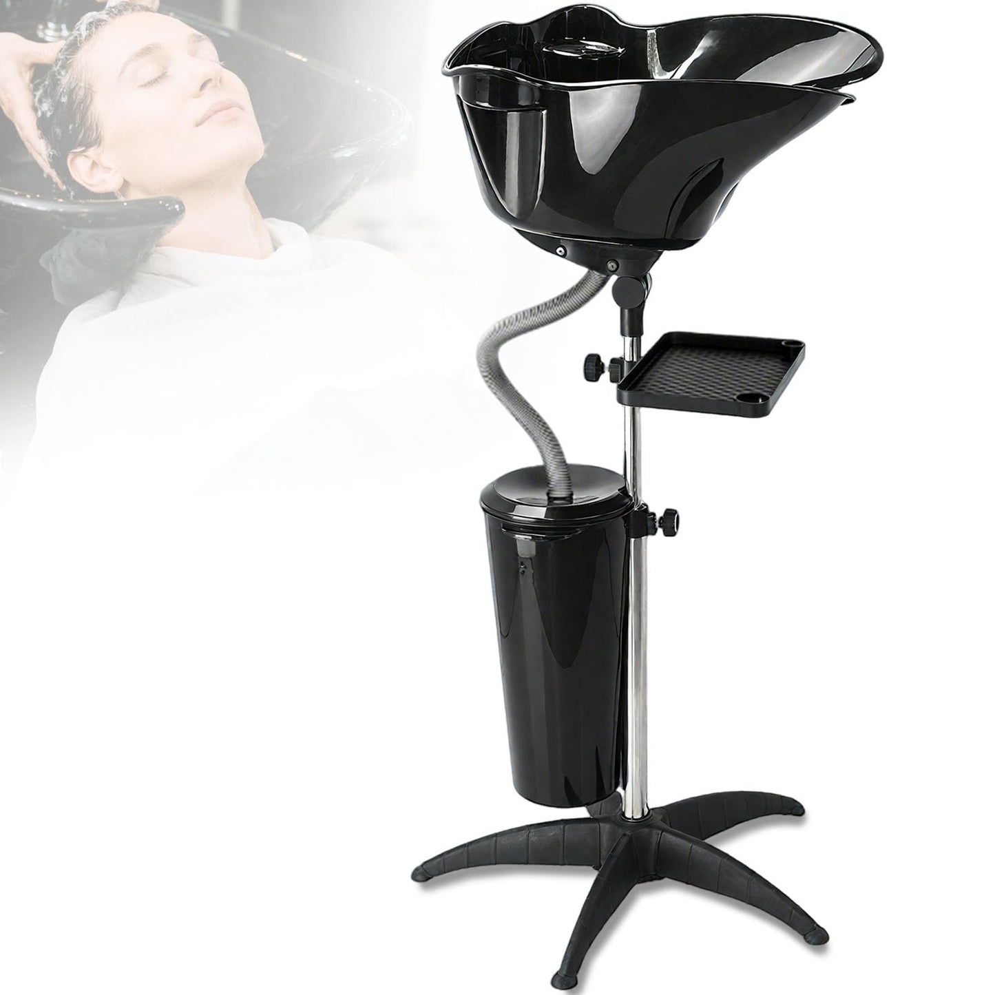 White Smoke HYZSWGC Portable Salon Shampoo Bowl, Height Adjustable Hair Washing Basin with Drain Hose, Black