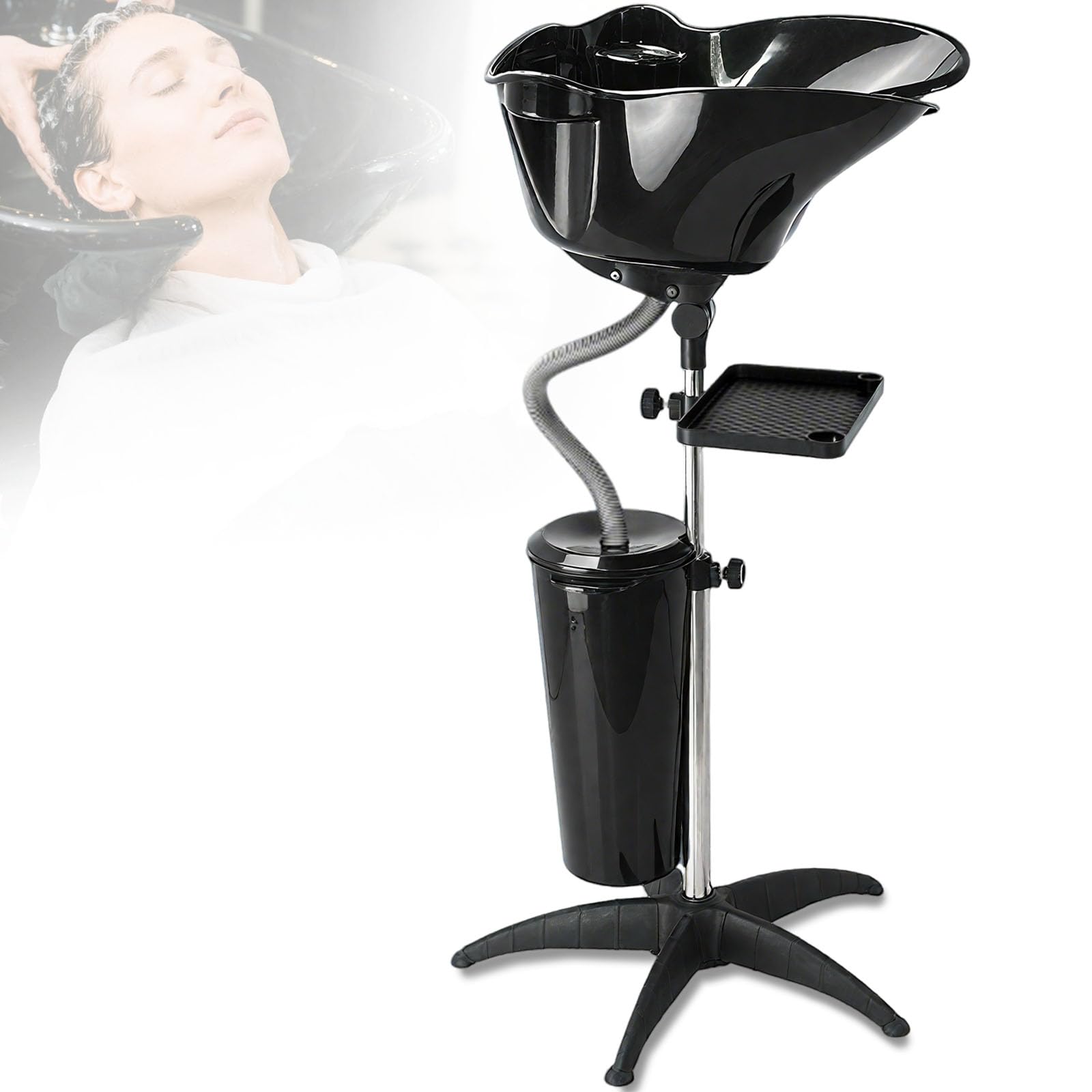 White Smoke HYZSWGC Portable Salon Shampoo Bowl, Height Adjustable Hair Washing Basin with Drain Hose, Black