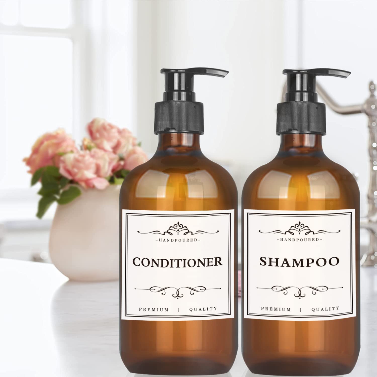 White Smoke 4 Pack 16.9 Oz Shampoo and Conditioner Hand Soap Dispenser Refillable Pump Bottles with Waterproof Labels (Amber)