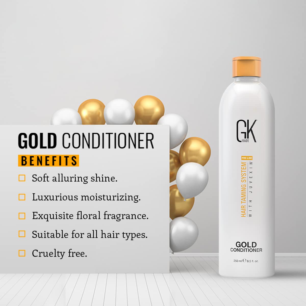 Light Gray GK HAIR Global Keratin Gold Conditioner (8.5 Fl Oz/250ml) Hair Moisturizing Shine and Protection With Argan Oil, Shea Butter, Natural Oils All Hair Types