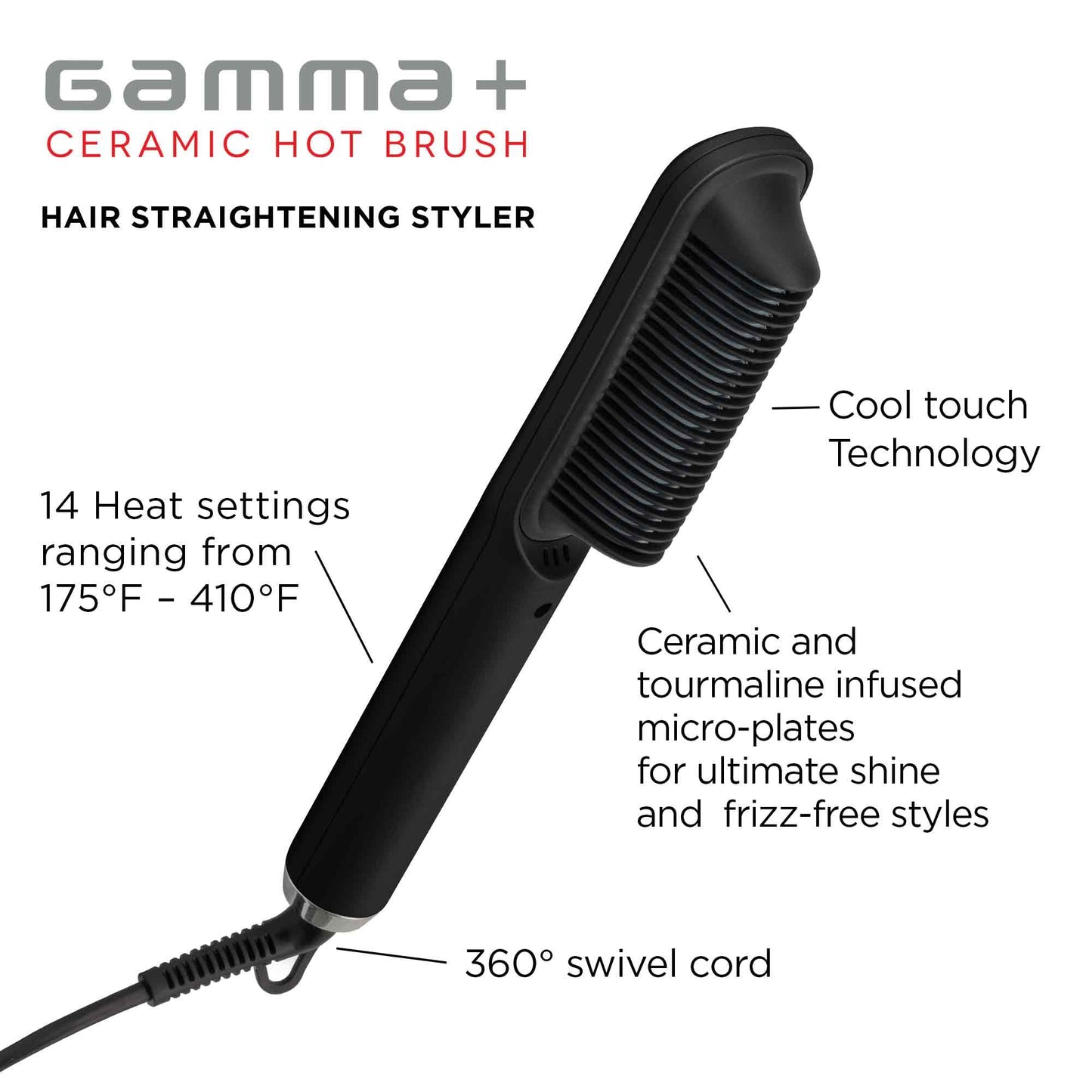 White Smoke GAMMA+ Ceramic Hot Brush with Cool Touch Technology Reduces Frizz, Static, and Straightens Hair